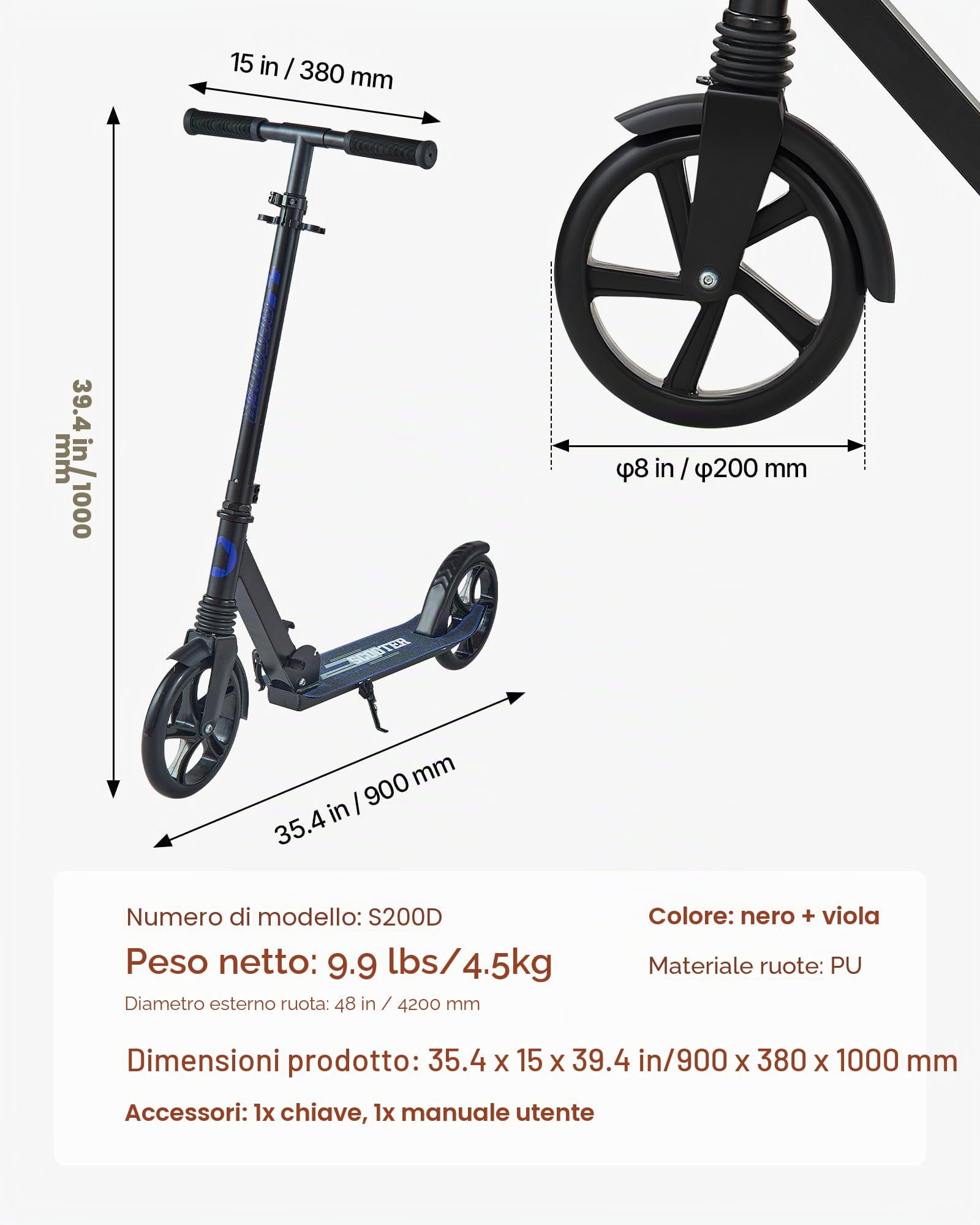 VEVOR Monopattino con 2 Ruote per Bambini da 8 Anni, Monopattino Pieghevole per Mobilità Urbana Carico max. 100kg Altezza Regolabile a 3 Livelli, Pedana Antiscivolo e Freno a Pedale, Nero Viola