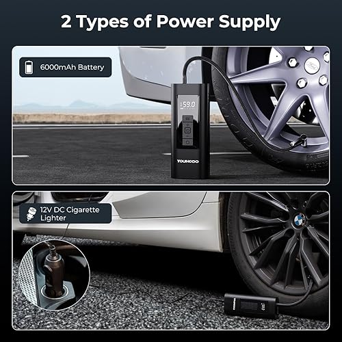 Miniatura 8 de YOUNGDO Inflador de neumáticos, compresor de aire portátil de 150 PSI y 6000 mAh, inflador de neumáticos con medidor de presión, inflado rápido para