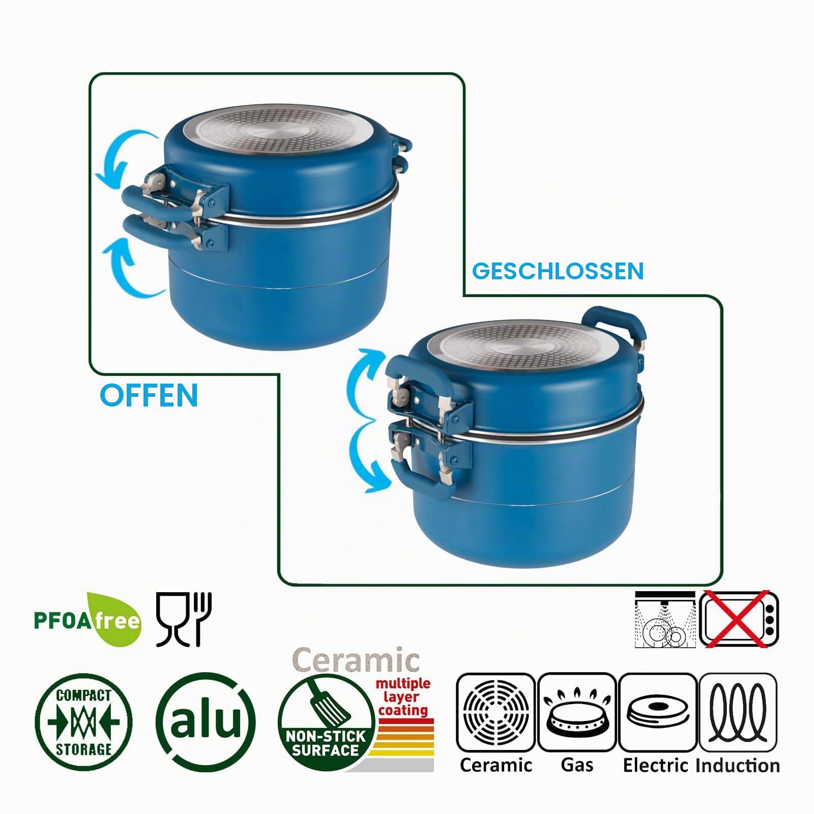 BRUNNER Camping Kochgeschirr-Set Keramik – ø 20, 22 oder 24-cm Carezza NG | Platzsparend stapelbare Töpfe und Pfannen, 2 bis 4 Personen - Beschichtet, Leicht &,