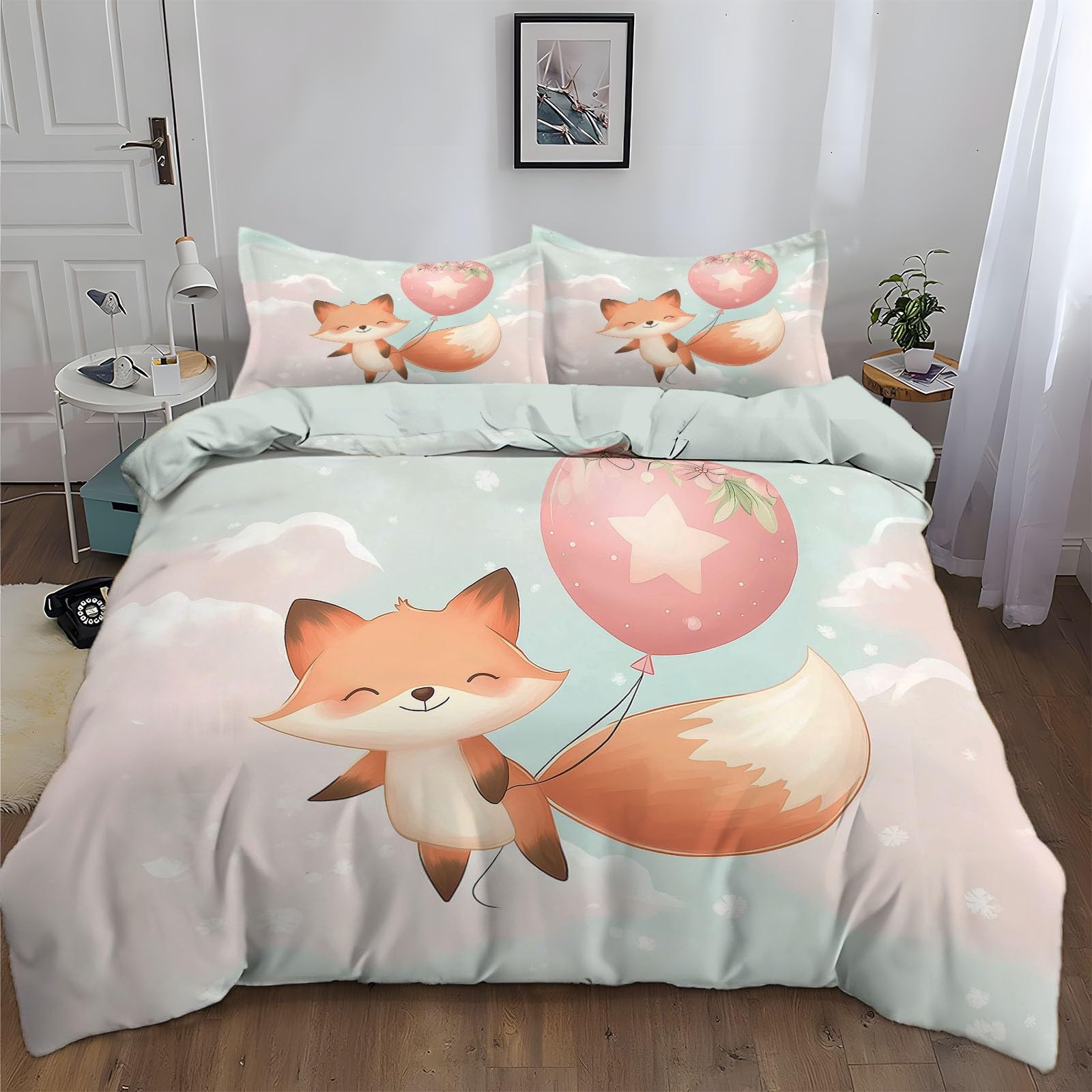 California King Duvet Cover Cartoon Fox Balloon Cal King Bedding Duvet Cover Set, 3 Pieces, Soft and Breathable Comforter Cover with 2 Pillow Shams, for All Season