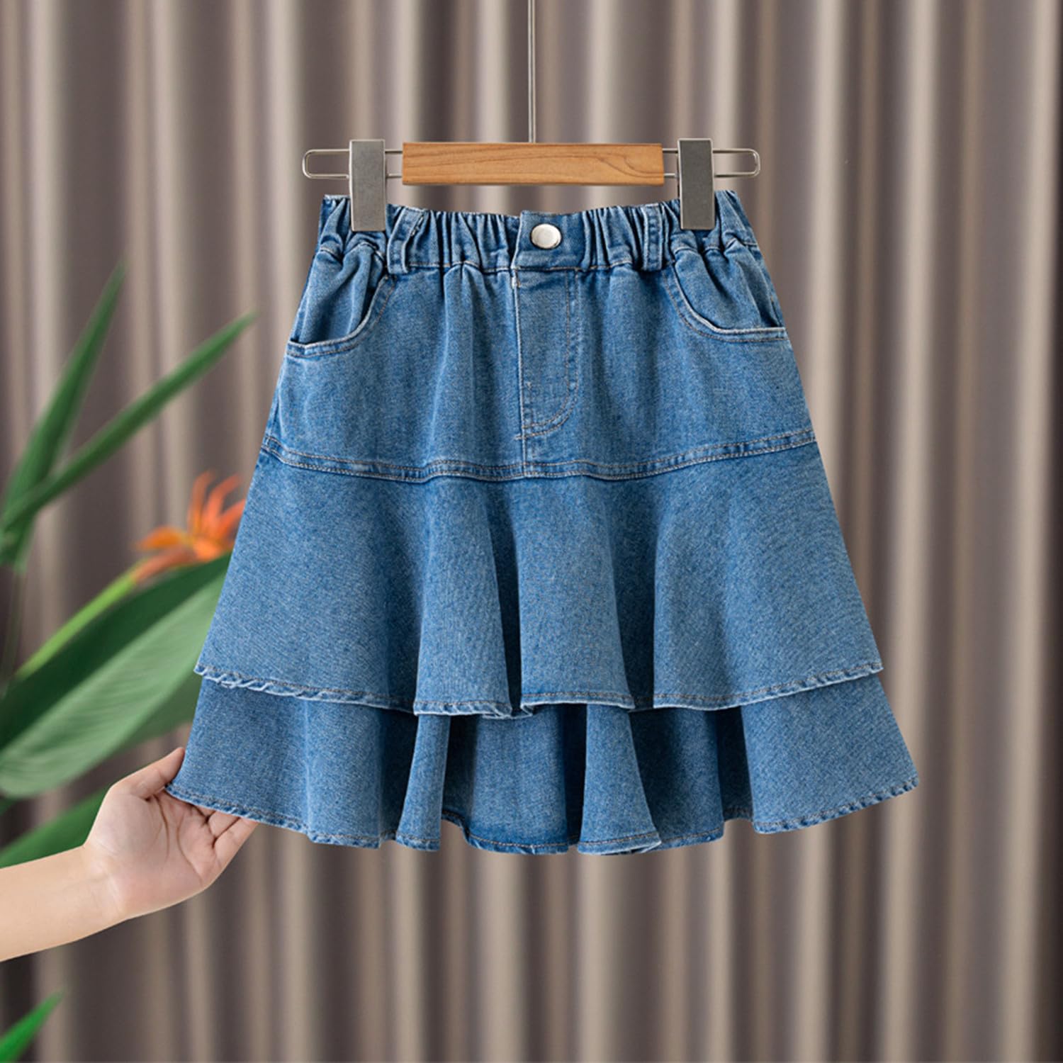 Falda vaquera para niñas de verano y otoño, falda vaquera con capas de cintura alta y bolsillo