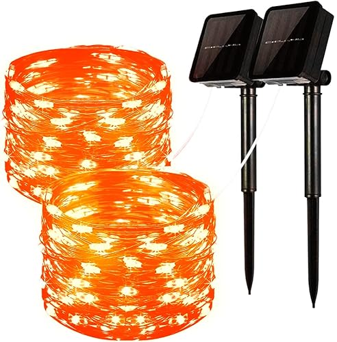 Solar Halloween Orange Kupfer Lichterkette, 2 Stück 100 LED Solar Lichterkette 10 m 8 Modi Silber Draht Lichter Wasserdicht Outdoor Lichterkette für Herbst Thanksgiving Weihnachten Halloween Dekor Cover