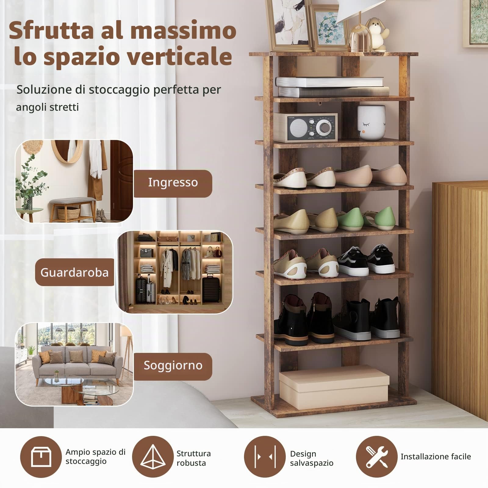 GIANTEX Scarpiera da Ingresso, Portascarpe a 7 Ripiani, Scaffale per 7/14 Scarpe, in Legno, Stretto e Compatto per Salvaspazio, 2 Size di 27,5x26,5x110 cm e 45x25x110 cm (Marrone, L)