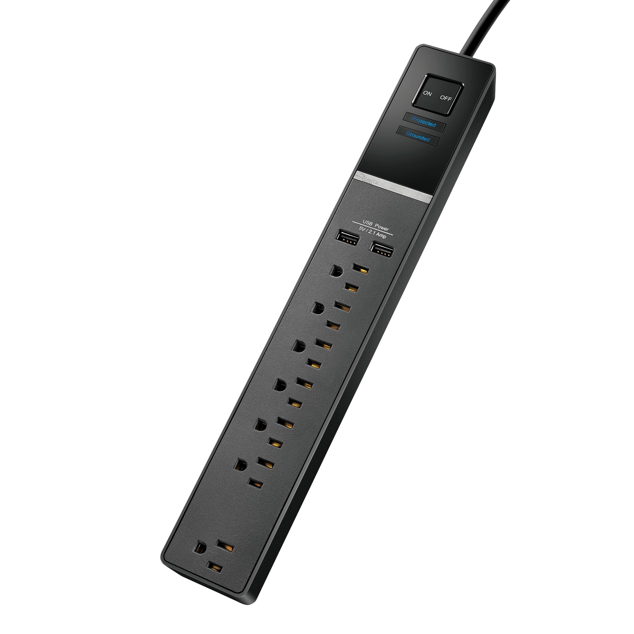 Rocketfish 7-Outlet/2-USB 2100 Joules Surge Protector Strip - Multiple-Outlet Extension Cord with Surge Protection - Power Strip with USB Ports -