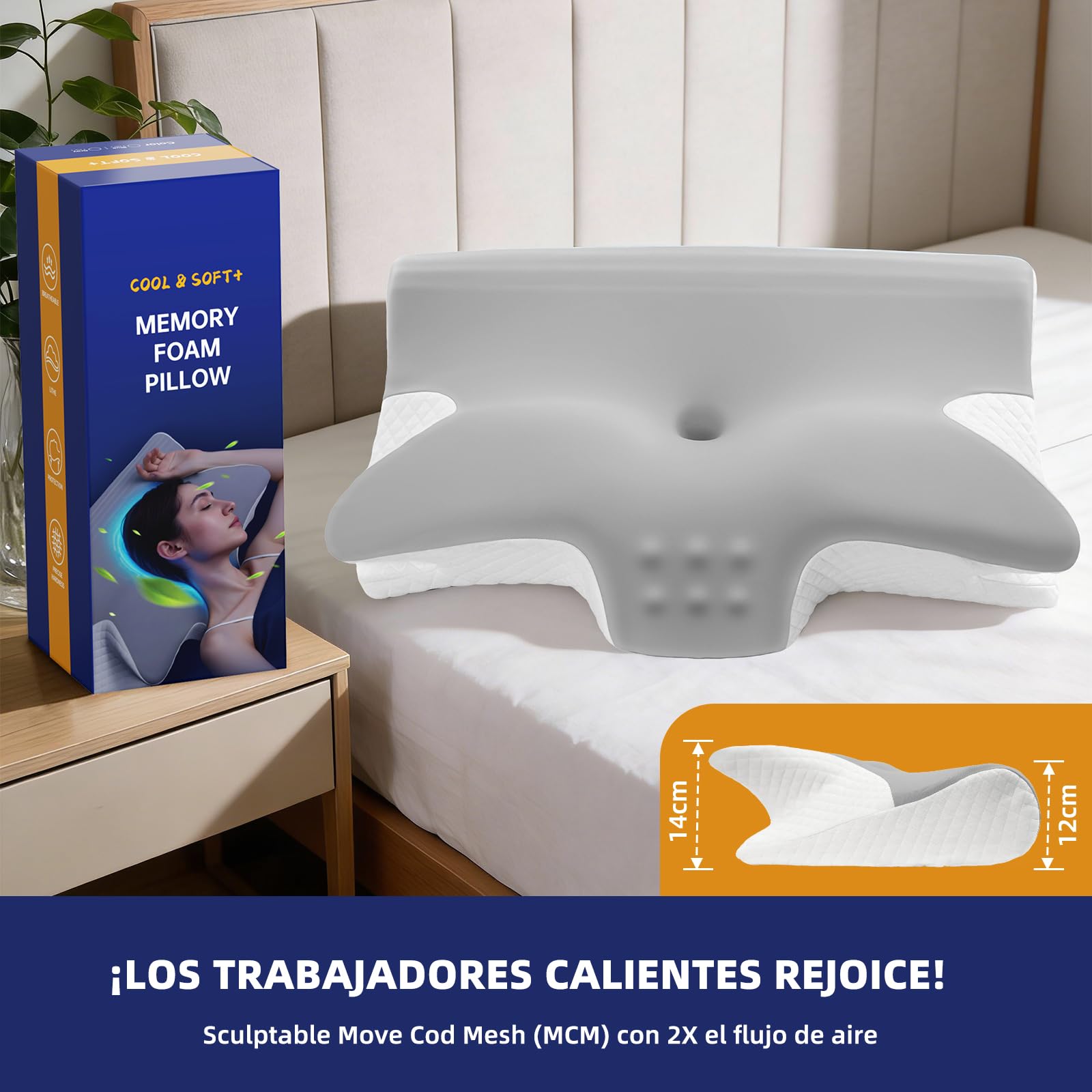 Almohada Cervicales y Cuello 2 en 1, Almohada Ergonómica, Almohada Antironquidos, Ortopedica Cervical para Soporte de Hombro/Cuello/Cabeza de Lado, Espalda y Estómago 60x43x14/12cm Gris