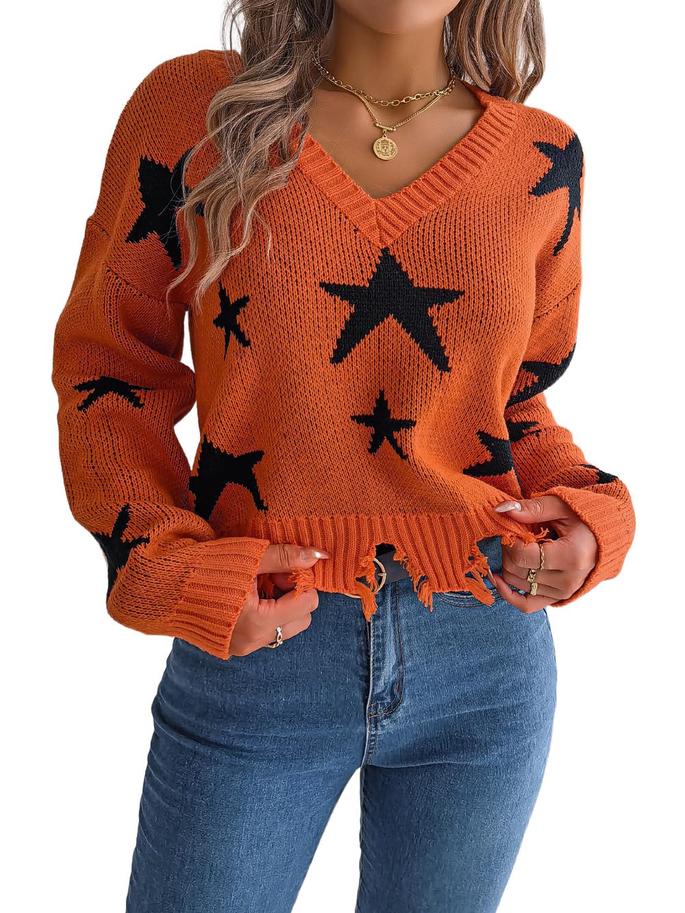 Apvirdy Womens Star Sweater V Neck Long Sleeve Ripped Sweater Casual Frayed Knitted Cropped Sweaters Pullover Tops