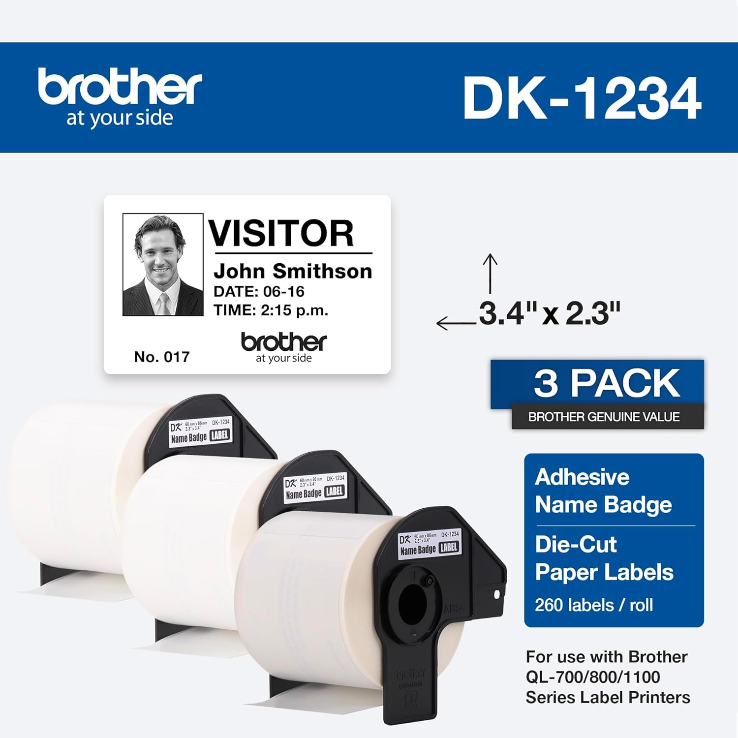 Brother Genuine DK-12343PK Die-Cut Name Badge Paper Labels, 2.3 in x 3.4 in (60 mm x 86 mm) Adhesive Name Badge White Paper Labels, 260 Labels per Roll, (3) Rolls per Box