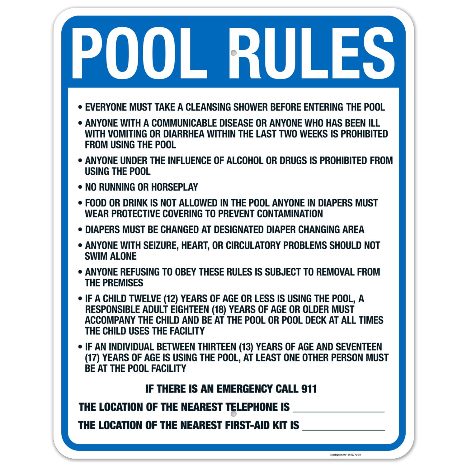 Washington Pool Rules Sign, Complies With State Of Washington Pool Safety Code, (SI-62170) 24x30 Inches, Rust Free .063 Aluminum, Fade Resistant, Made in USA by Sigo Signs