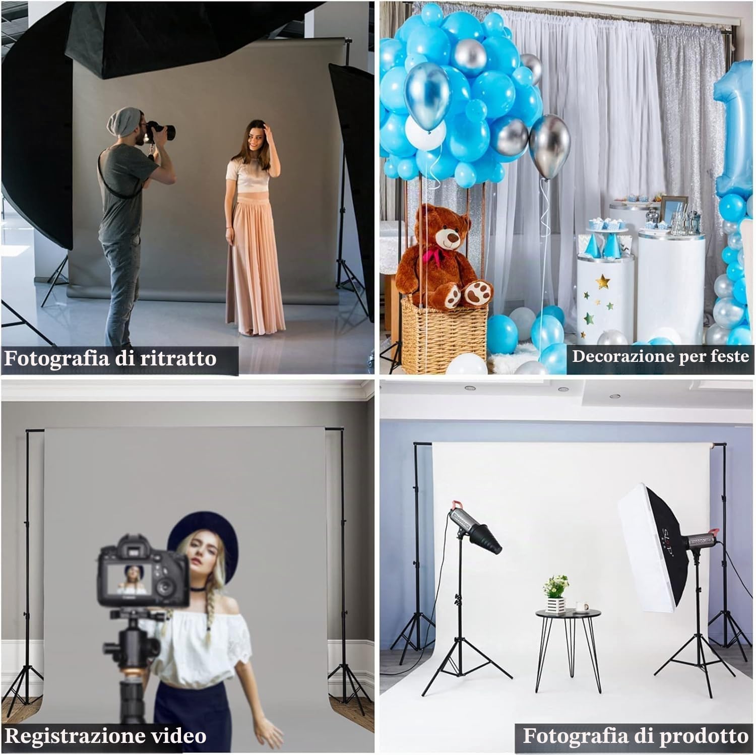 Supporto Fondale Fotografico 2,1 x 3 m, Supporto per Sfondo Fotografico, Kit di Sfondo Regolabile con 8 Morsetti, 2 Sacchi di Sabbia, 1 Borsa per il Trasporto, per Studio Fotografico, Ritratto