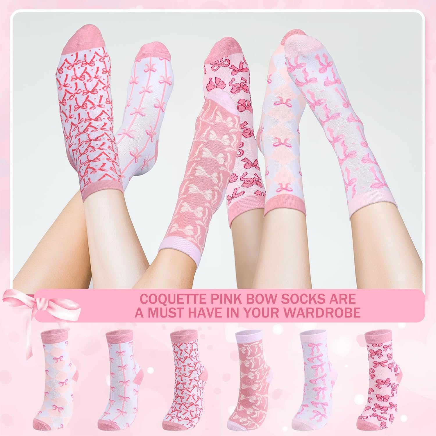 Jadive Valentine's Day Coquette Pink Bow Socks Pink Bow Women's Inspired Socks Ornament for Birthday Decor Gift - Image 7