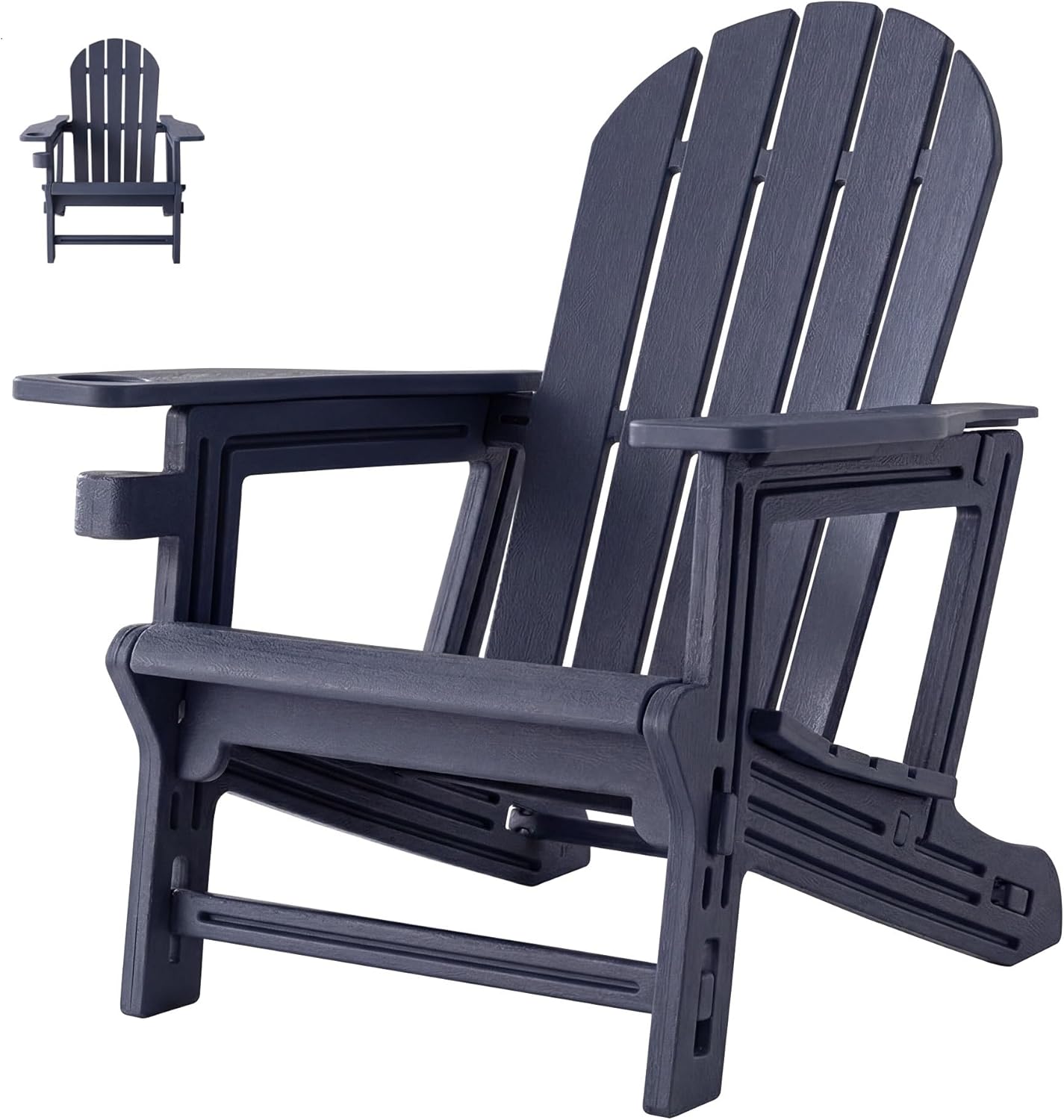 SUNBURY Outdoor Adirondack Chair, Set of 1 HDPE Outdoor Chair w Cup Holder, 0 Screws Wood Texture Garden DIY Chair Weather Resistant, Fire Pit Chair, Plastic Patio Chair for Deck,Backyard,Garden, Blue