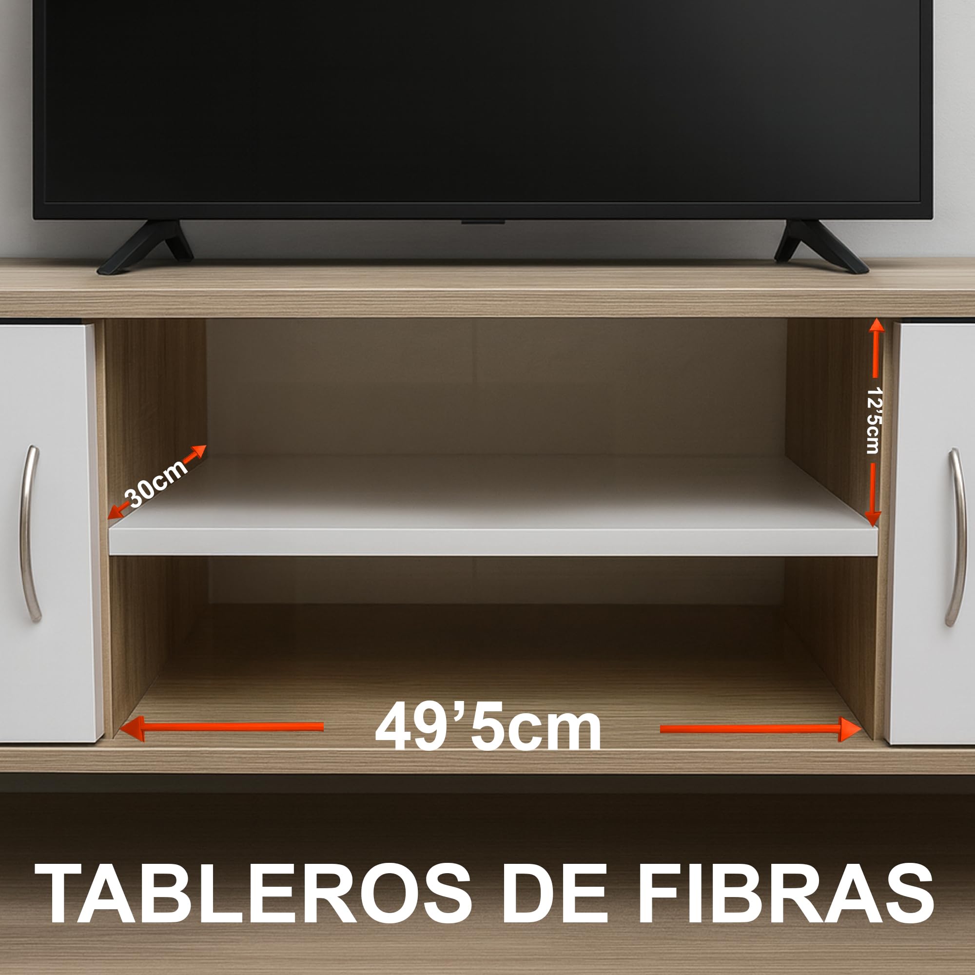 Szafka pod telewizor 120 cm do nowoczesnego salonu, kolor dębowy i biały, stół telewizyjny do 55 cali ze schowkiem, półka i dwoje drzwi, solidna i elegancka biała szafka pod meble, nogi z litego