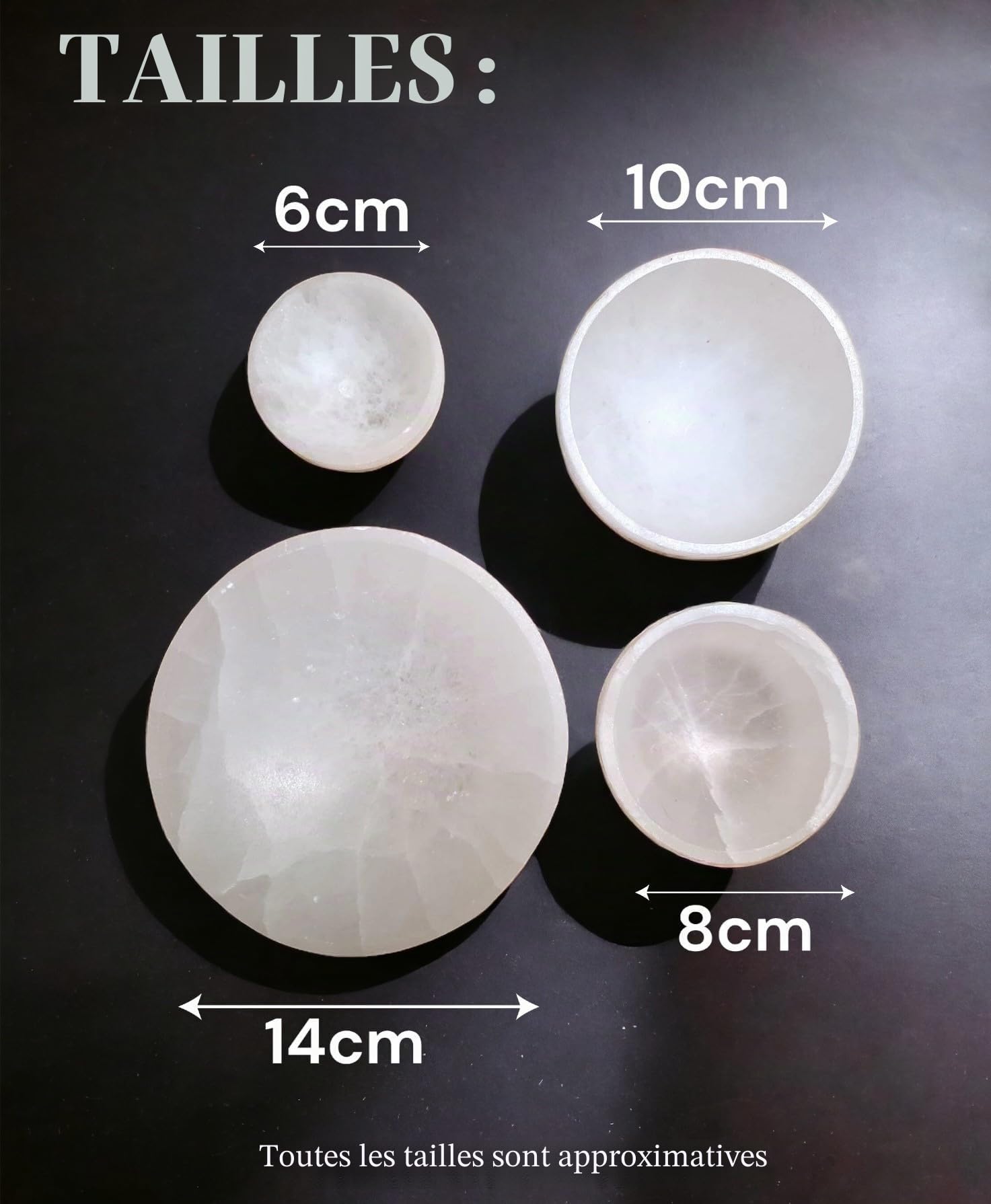 4All Bol de nettoyage rond en cristaux de sélénite - Pierre de sélénite super naturelle - Outil de méditation - Fait à la main - 8 cm