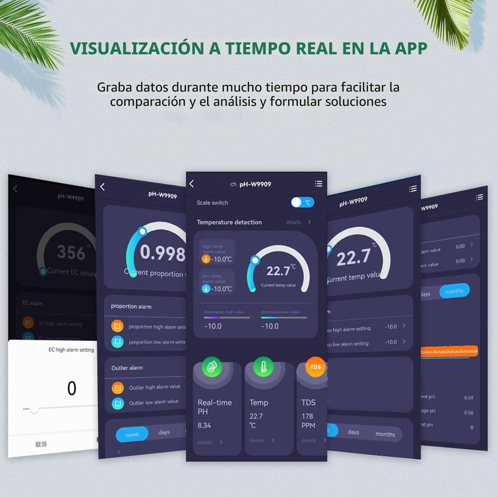 Medidor de Calidad del Agua Función 6 en 1 Medidor de Prueba de Calidad del Agua PH TDS EC SG Analizador de Temperatura de Sal Monitor de Calidad del Agua(EU Plug)