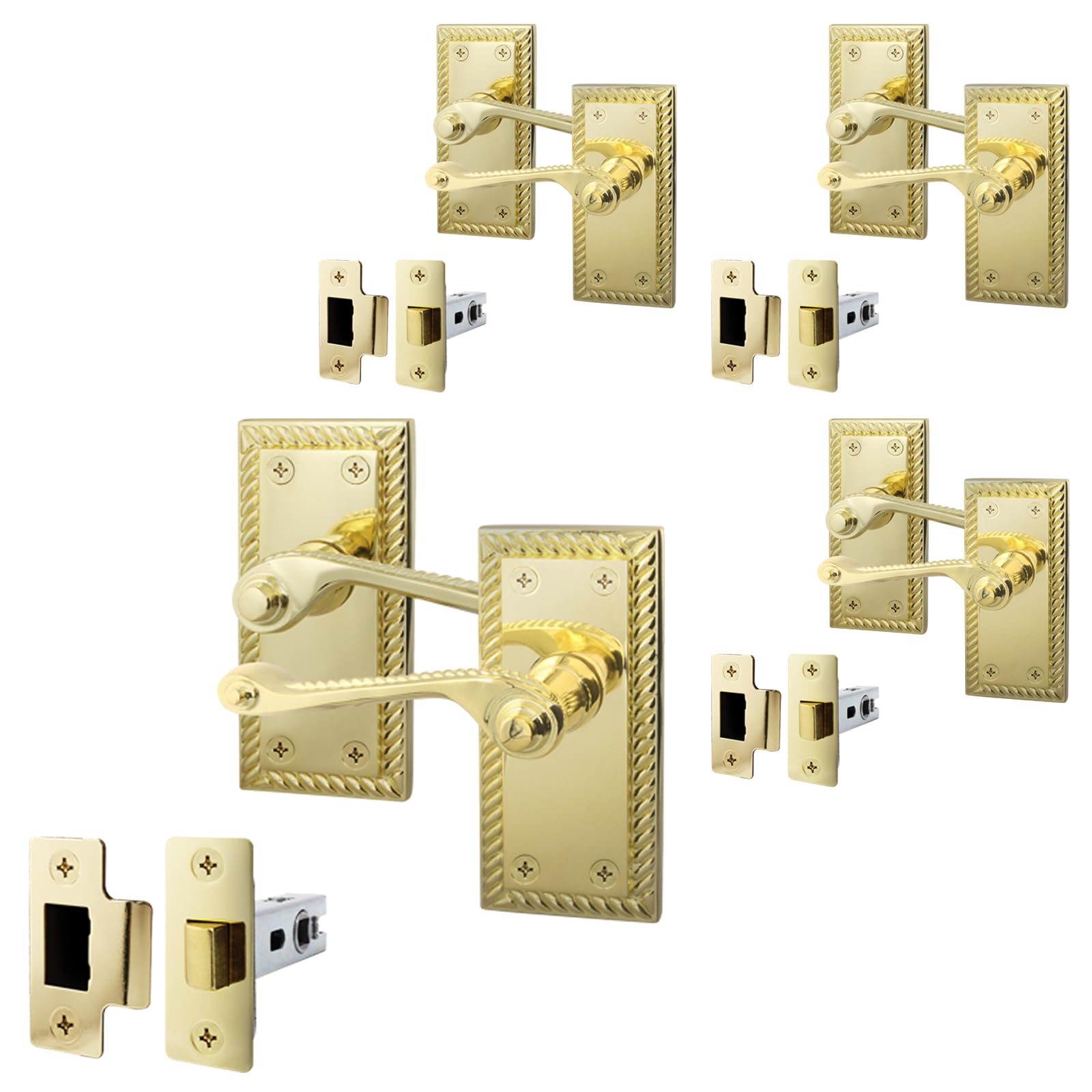 EAI Polished Brass Door Handles with Latch 64mm, 4 Pack - Rope Scroll