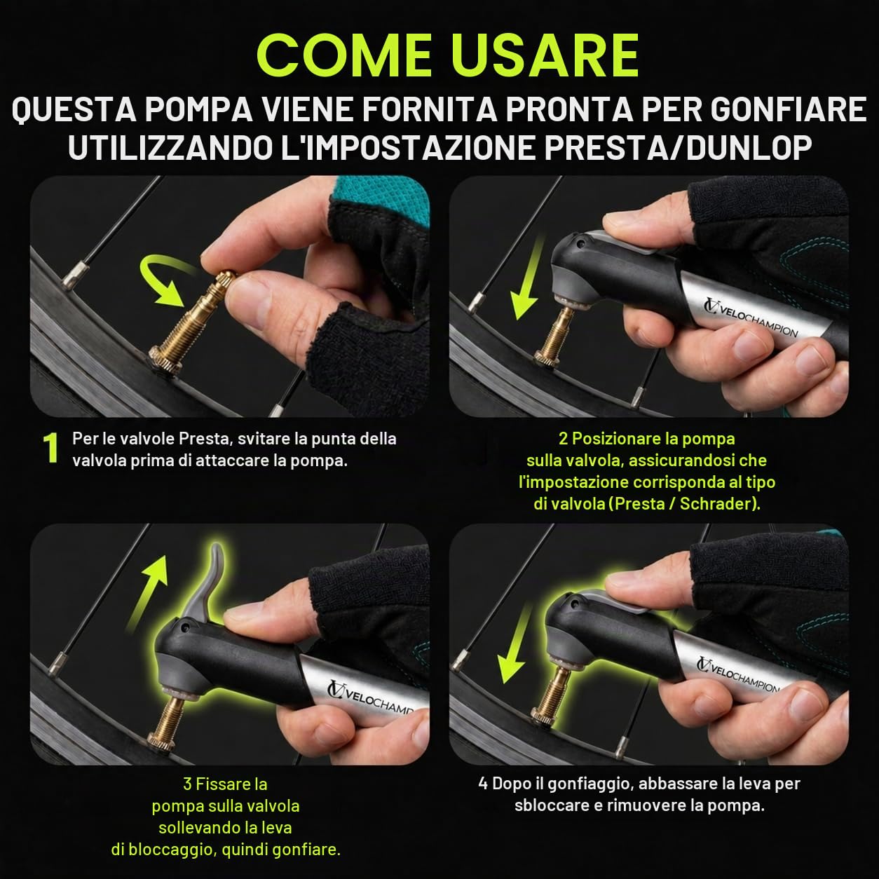 VeloChampion Mini pompa da bicicletta portatile per valvole Presta Schrader Dunlop MTB strada BMX