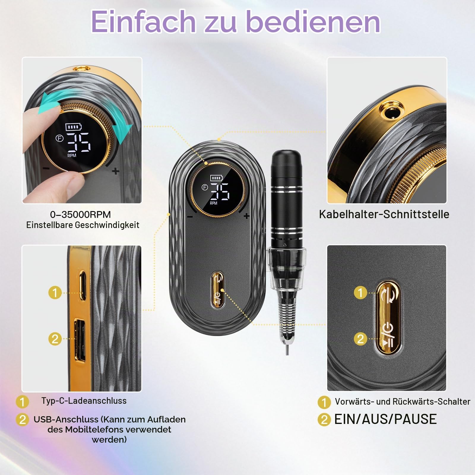 Nagelfräser für Gelnägel Professionell 35000 U/min: Madenia Fräser Nägel Kabellose mit 6 Metall & 7 Keramik Bits, Tragbare Elektrische Nagelfeile für Acrylnägel Maniküre Salon & Zuhause, Grau