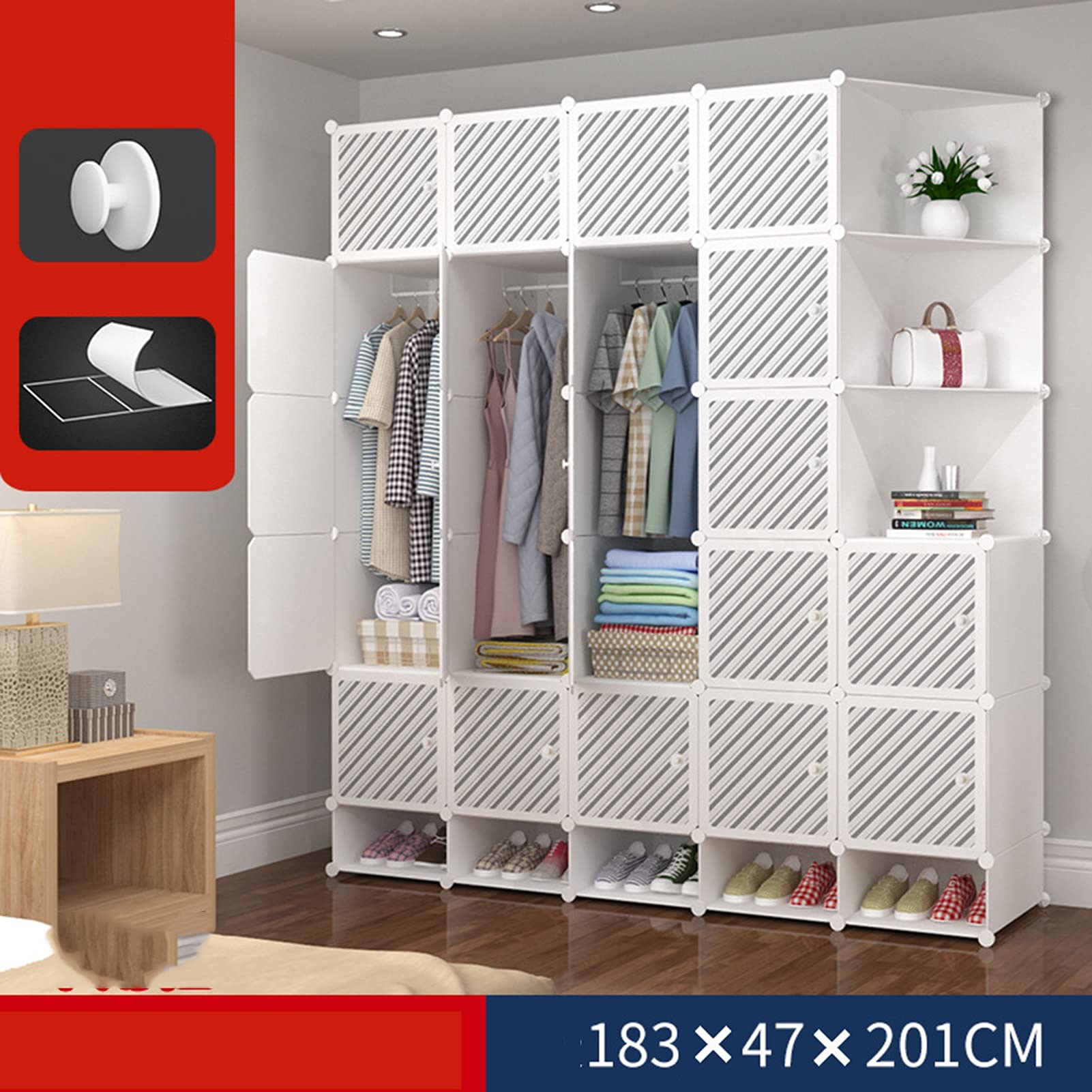 DIY Bücherregal Kombination Kleiderschrank Einzelfach 55L Ablagefach Kann Jede Kleidung Unterbringen, Kann Auch Als Modularer Kleiderschrank Verwendet Werden ( Color : White , Größe : 183×47×201CM )