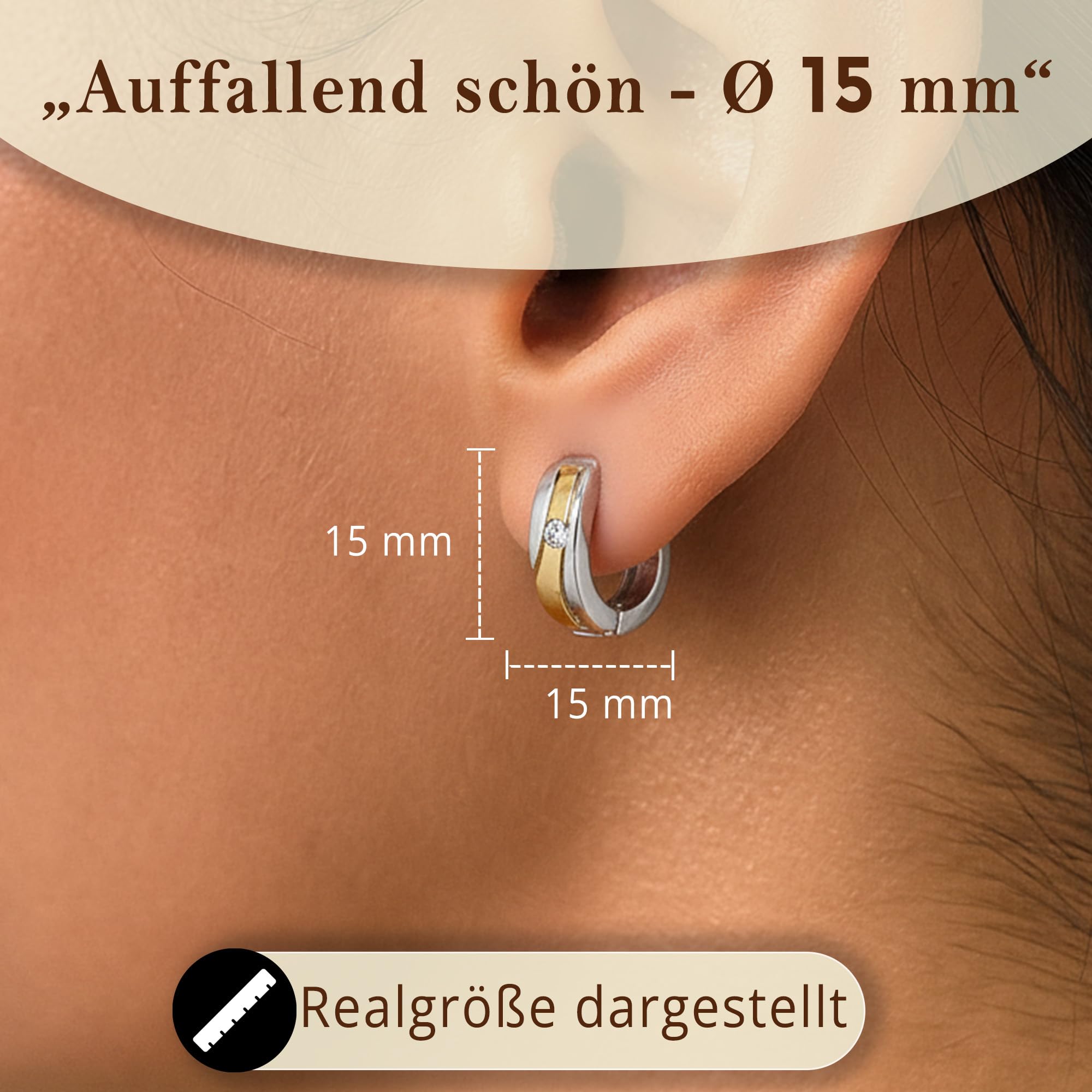 Cassini Silber-Gold Bicolor Klappcreolen Damen – Kleine runde Creolen Nickelfrei mit Zirkonia aus 925 Sterling Silber ca 15mm⌀, poliert & rhodiniert, mit Scharnier – Eleganter Damenschmuck 3CAK