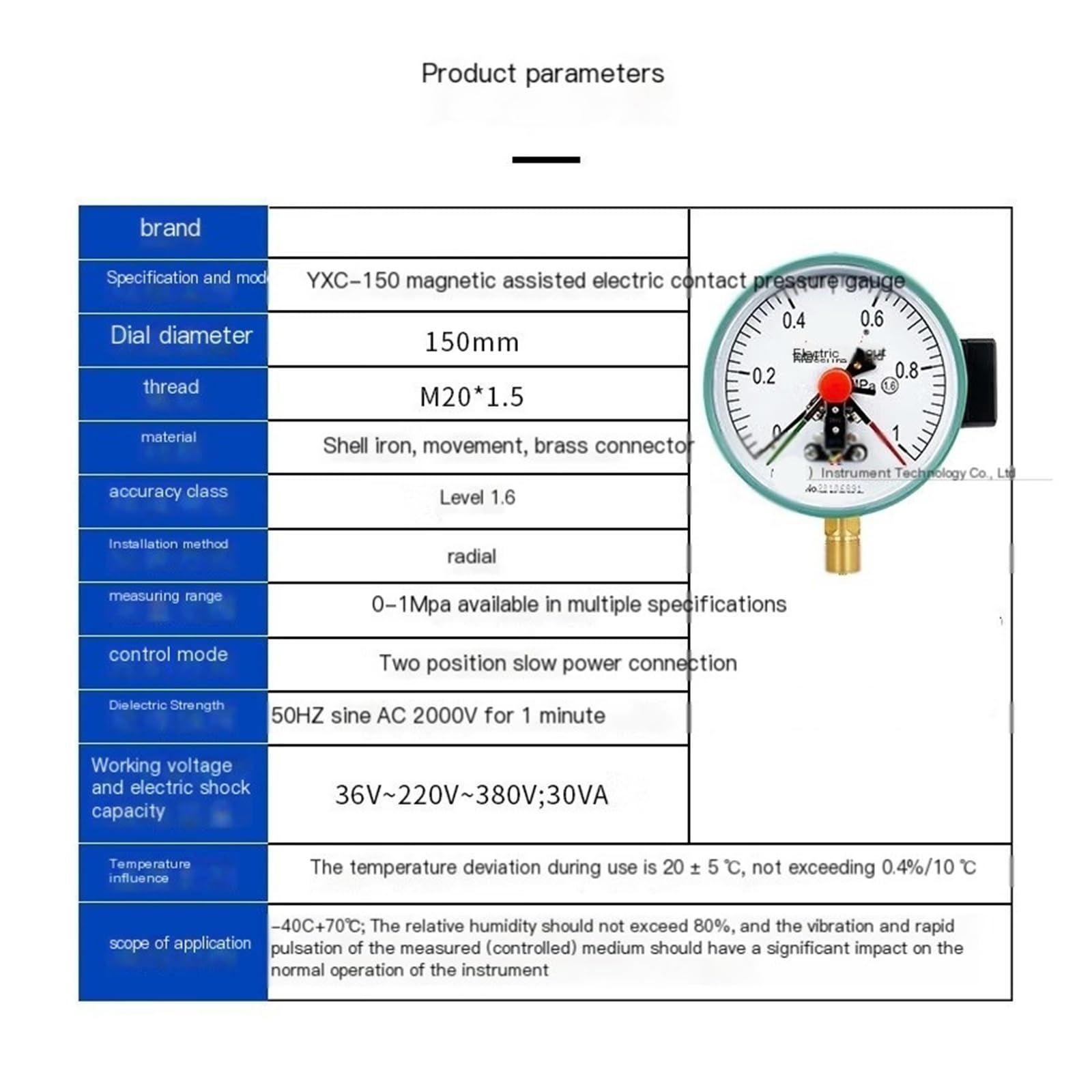 Manómetro de contacto eléctrico YXC-150 con alarma de límite superior e inferior radial, presión de agua, presión de aceite, manómetro hidráulico, control automático de 0 a 1 MPa (0 a 1 MPa)
