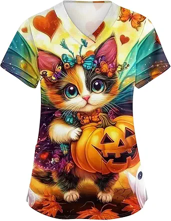 OIOLOYJM Halloween Christmas Scrub Tops Women Print V Neck Short Sleeve Plus Size Scrubs for Womens Shirts with Pockets