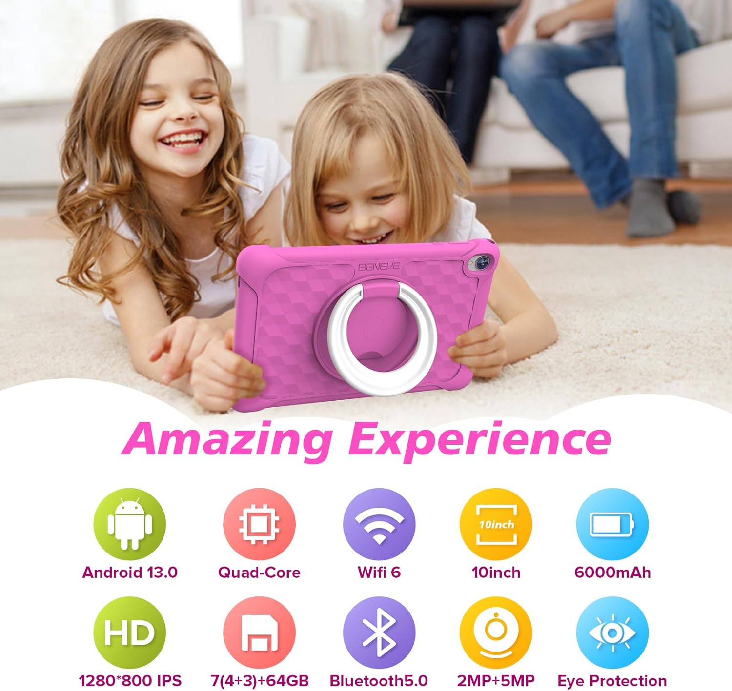 BENEVE Tablet Bambini 10 Pollici Android 13 Tablet,7GB RAM 64GB ROM/WiFi/5+2MP/6000mAh/Bluetooth/Controllo Parentale Apprendimento Educazione Tablet PC con Custodia (Rosa) BENEVE Tablet Bambini 10 Pollici Android 13 Tablet,7GB RAM 64GB ROM/WiFi/5+2MP/6000mAh/Bluetooth/Controllo Parentale Apprendimento Educazione Tablet PC con Custodia (Rosa)