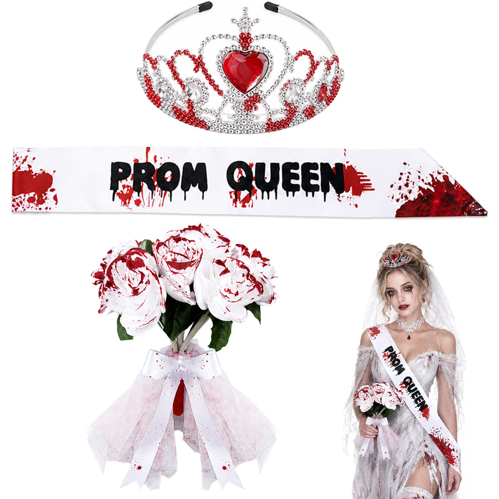 3 Pcs Prom Queen Sash Bride Halloween Costumes for Women Tiara Rose Bouquet