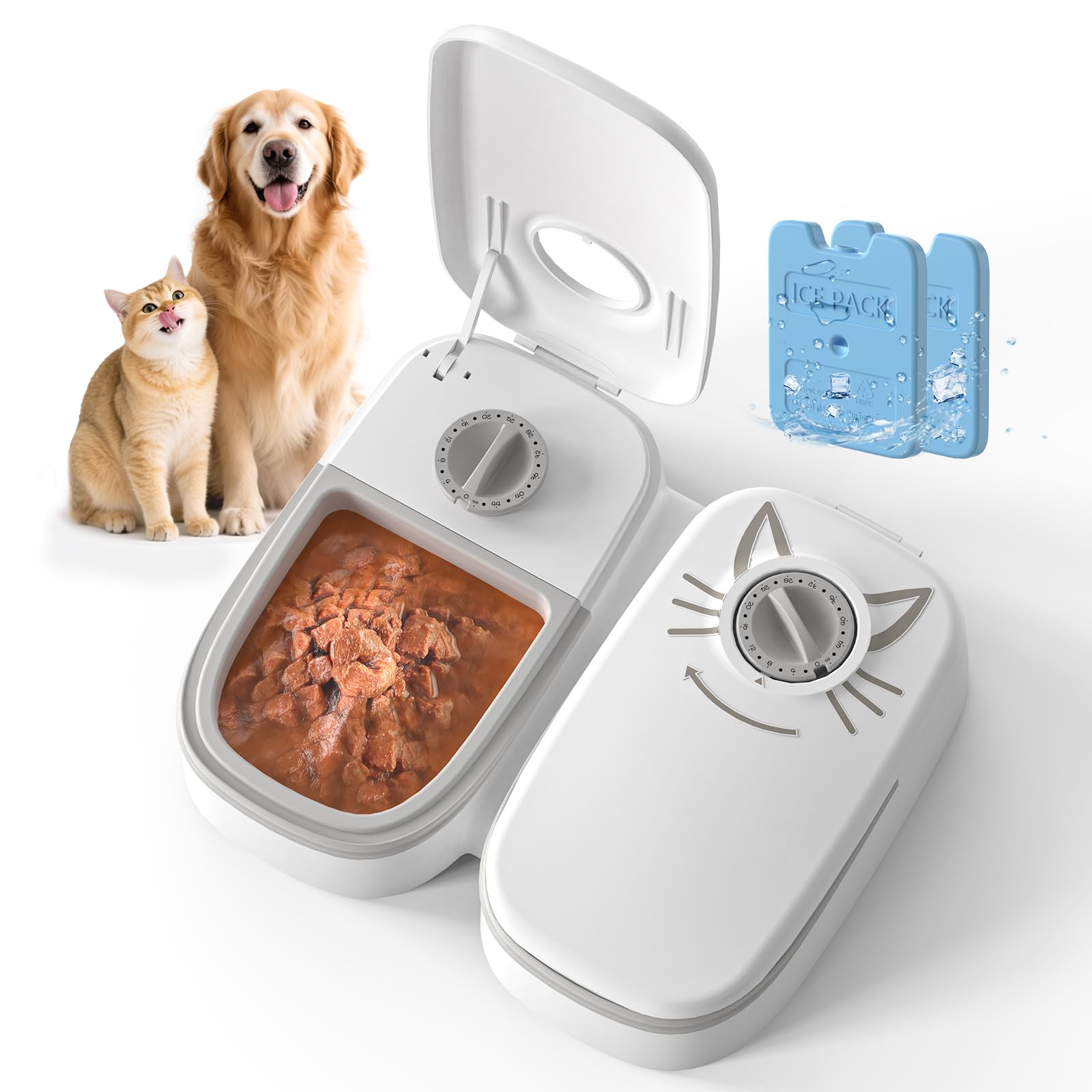 Automatic 2-Meal Cat Feeder - 48H Timed Wet Cat Food Refrigerated Dispenser with 2 Ice Packs for Puppies and Kittens in Yogurt and Canned