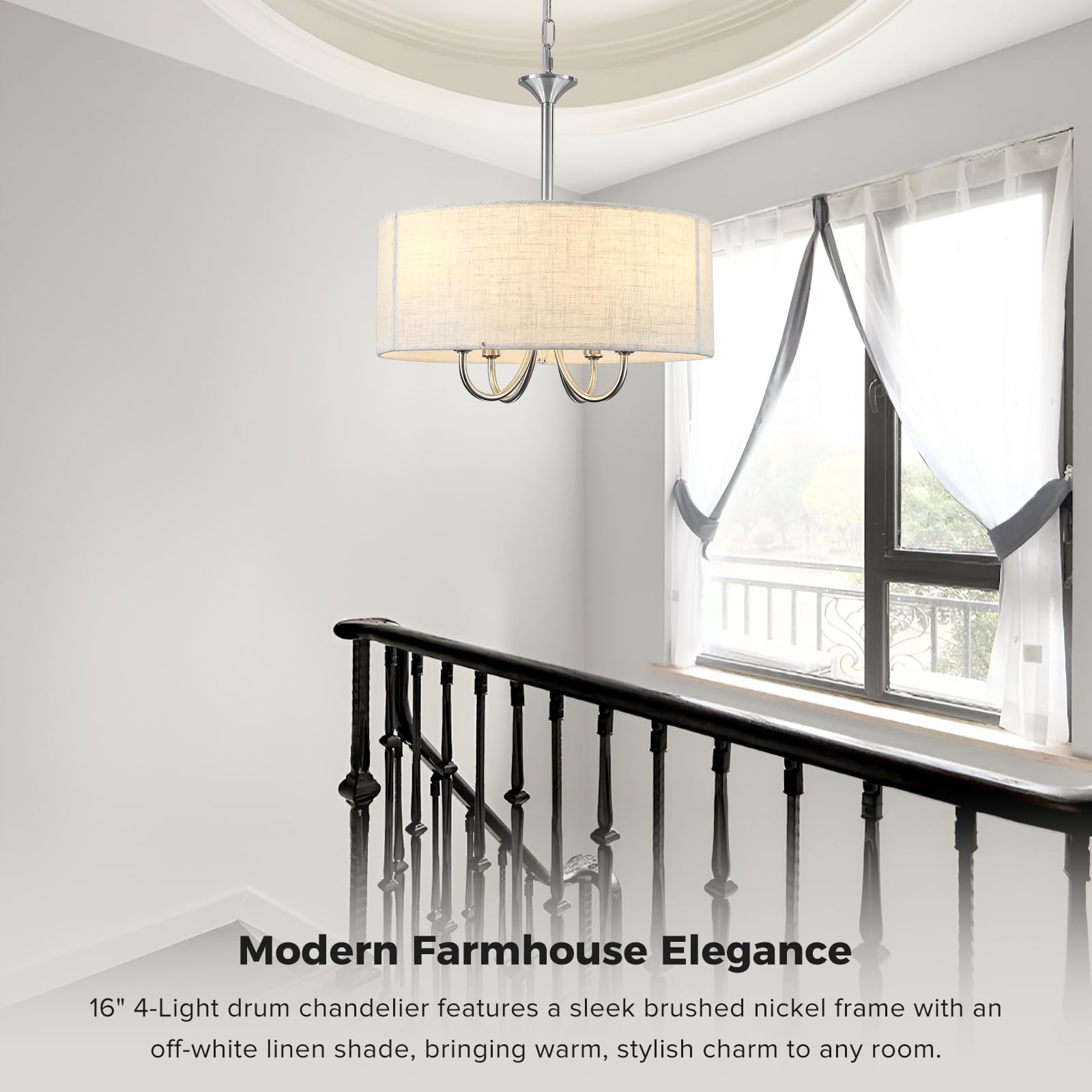 4-Light 16'' Drum Chandelier Review: Modern Farmhouse Linen Brushed Nickel Light 2 4-Light Modern Chandeliers for Dining Room, 16'' Drum Chandelier Light Fixture, Farmhouse Hanging Linen Drum Chandelier Pendant Ceiling Light Fixture for Foyer Entryway Living Room, Brushed Nickel - Detailed View