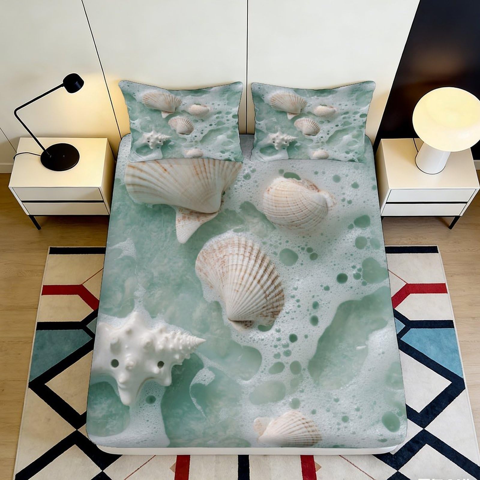 3D Printed Seashell Ocean Fitted Sheet Microfiber Soft Mattress Cover for Bedroom Guest Room Easy Care Decor 90x200x25cm
