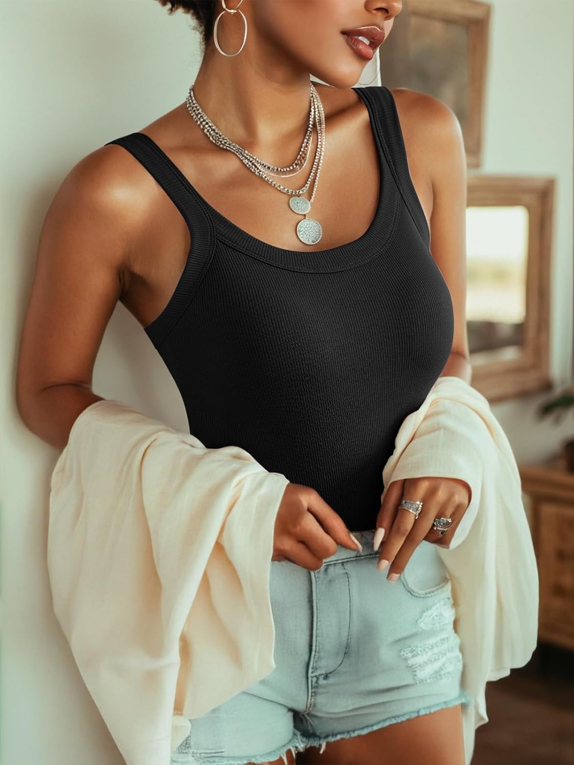 Ninee Tank Top for Women with Built in Bra Ribbed Fitted Tanks Summer Scoop Neck Casual Camisoles Basic Cami - Image 3