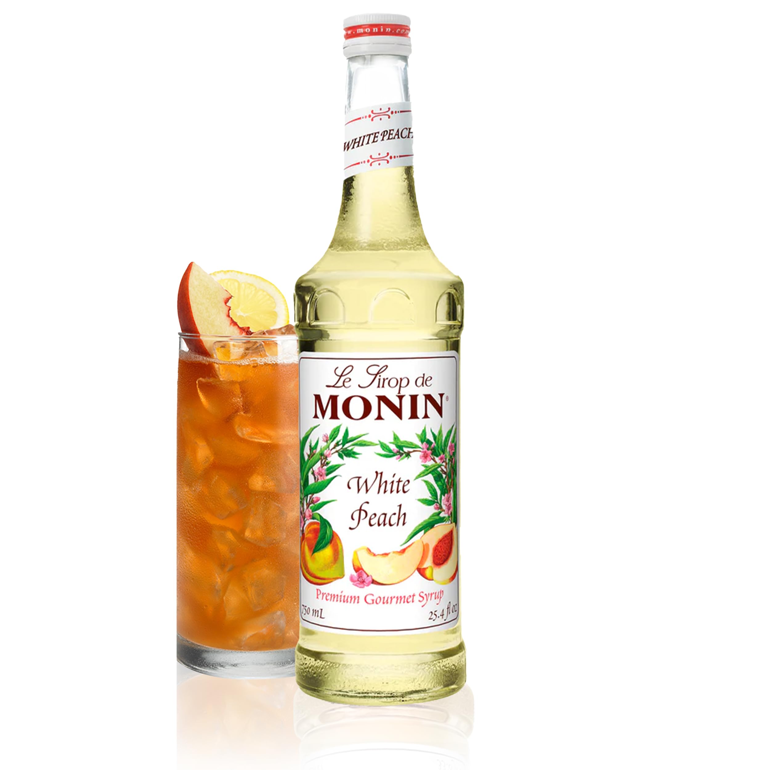 Monin - White Peach Syrup, Juicy Ripe Peach Flavor, Perfect for Cocktails, Mocktails, Iced Teas, & Smoothies, Gluten-Free, Non-GMO (750 ml)