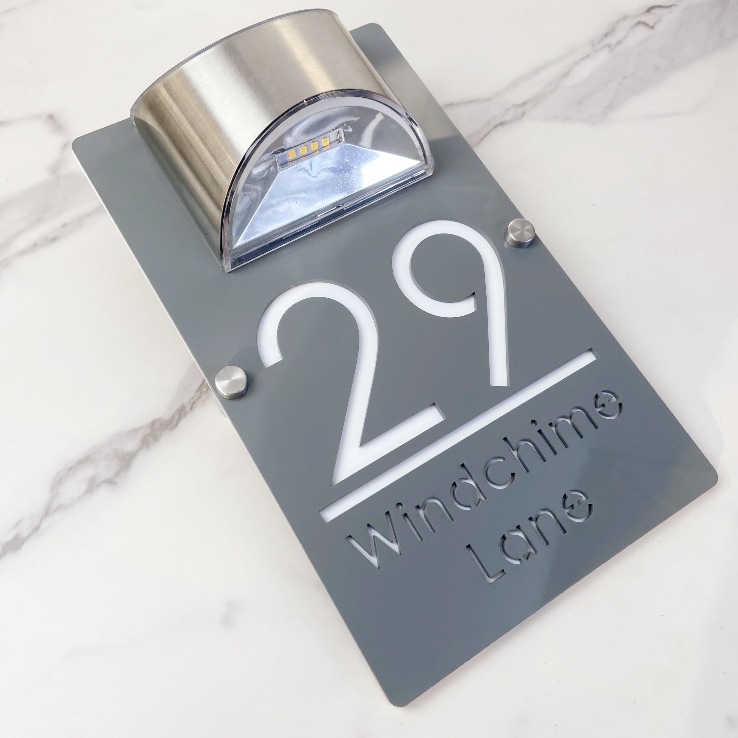 Solar Powered LED House Number Sign – Personalised Illuminated Door Plaque with Laser Engraving – Auto ON at Night – Waterproof Acrylic Address Plate for Home Wall or Gate (Gray white)