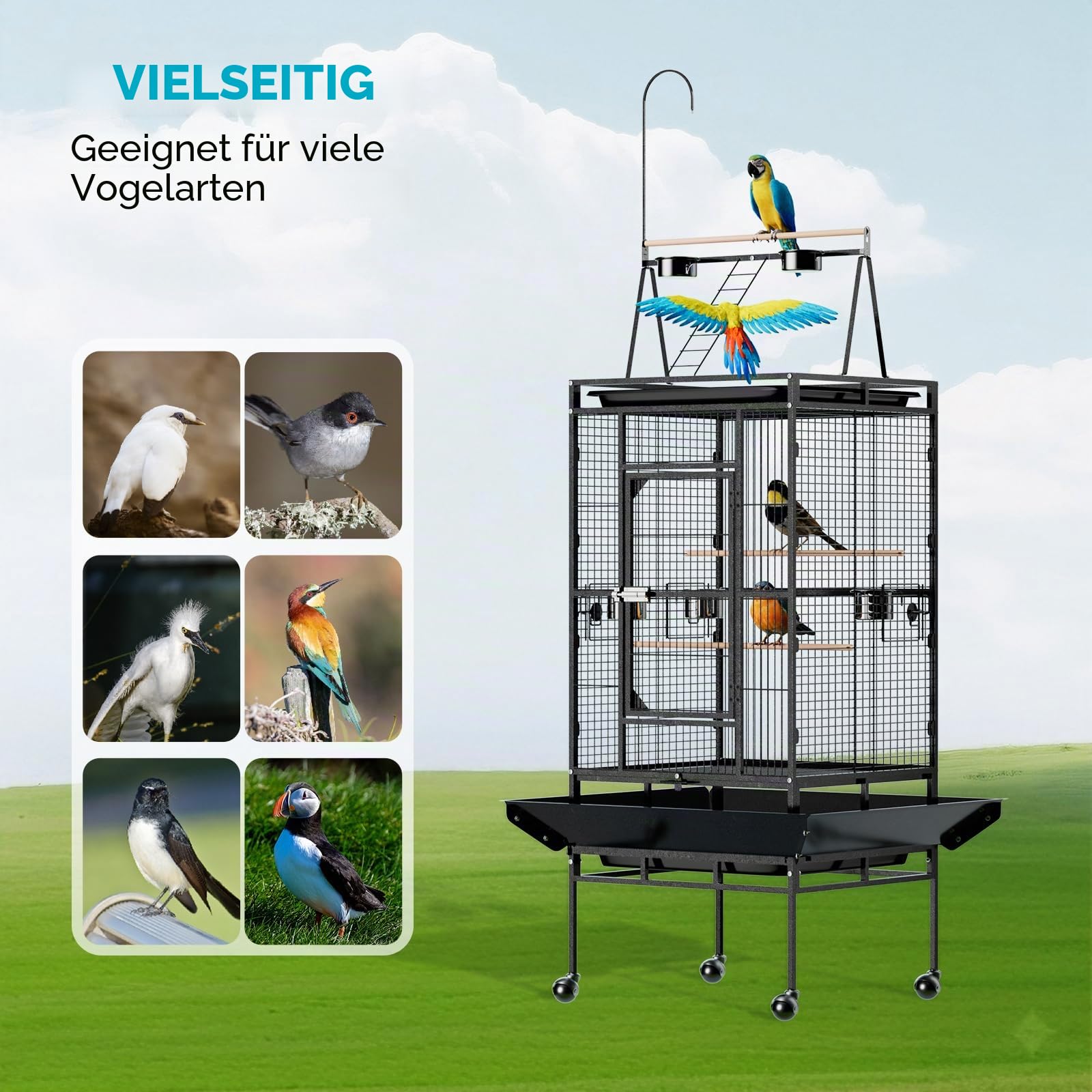 Vogelkäfig mit Spielplatz Oben, vogelkäfig groß mit 3 Holzstangen und 360° Rollen, Vogelvoliere mit 5 Futterstellen, 83 x 78 x 210 cm