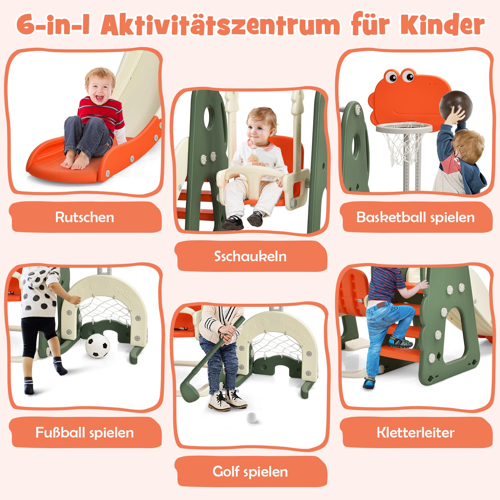DREAMADE 5 in 1 Kinderrutsche mit Schaukel und Basketballkorb Fußballtor Golfloch, Kinder Rutsche- und Schaukelset, Kinder Spielplatz für Indoor und Outdoor (Orange)