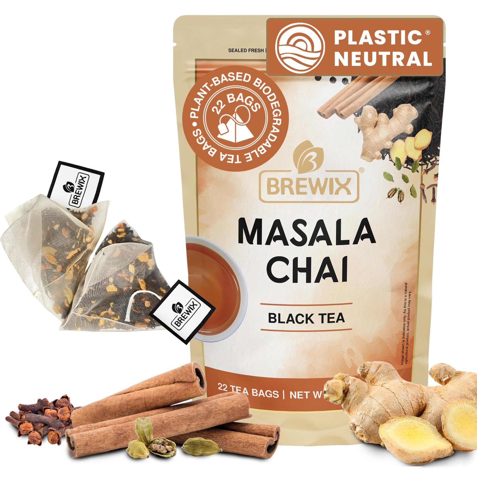 Sponsored Ad - BREWIX, Masala Chai Tea Bags (22 Pyramid Tea Bags) Strong, Robust & Spicy - Pure Ingredients | Black Tea, Cinnamon, Ginger, Black Pepper, Cardamom & Cloves, Packed in Resealable Ziplock Pouch