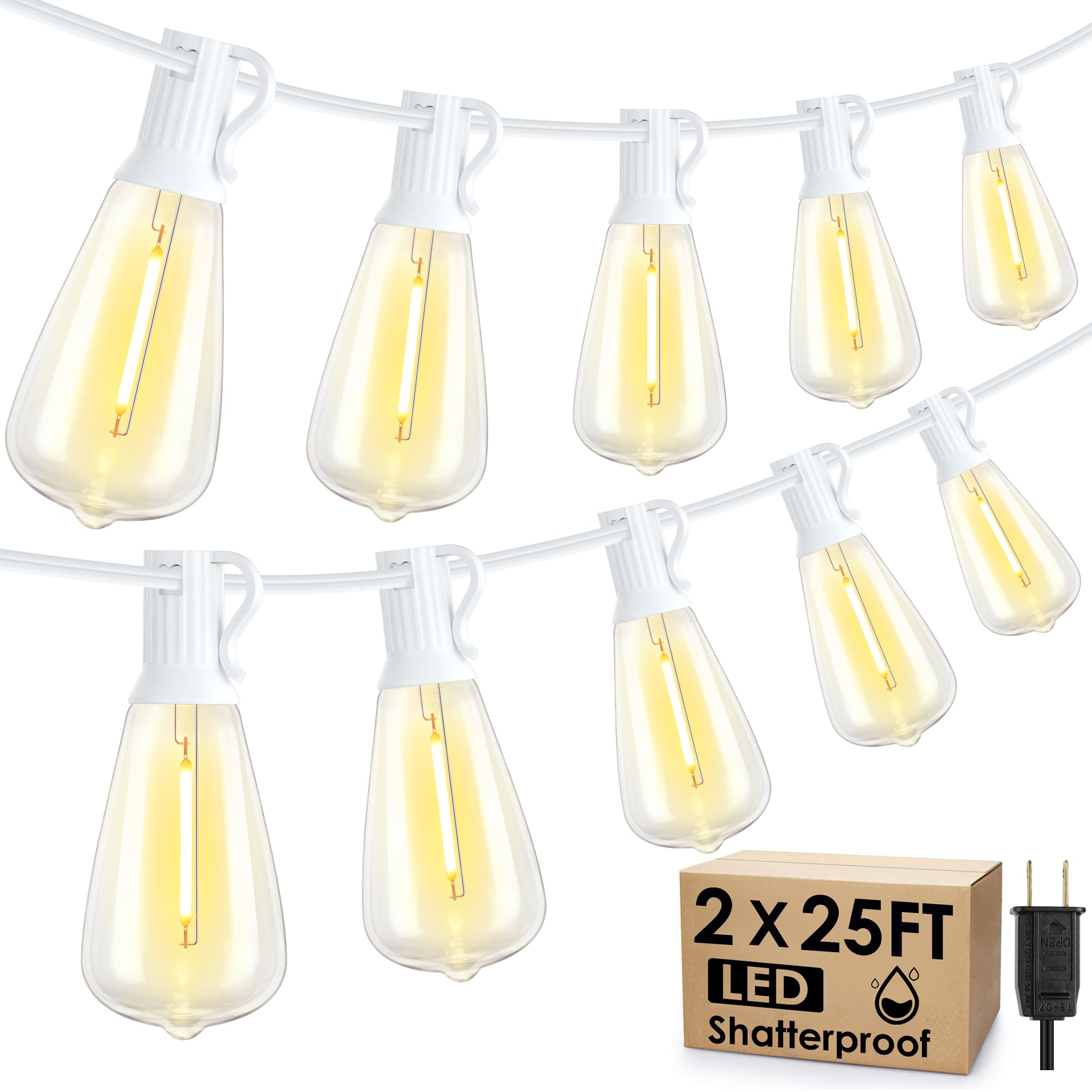 Larkvue - Cadena de luces para exteriores de 50 pies (2 x 25 pies), luces de patio con 20+2 LED regulables, impermeables, ST38, bombillas clásico para decoración de bodas, jardín, fiestas, color