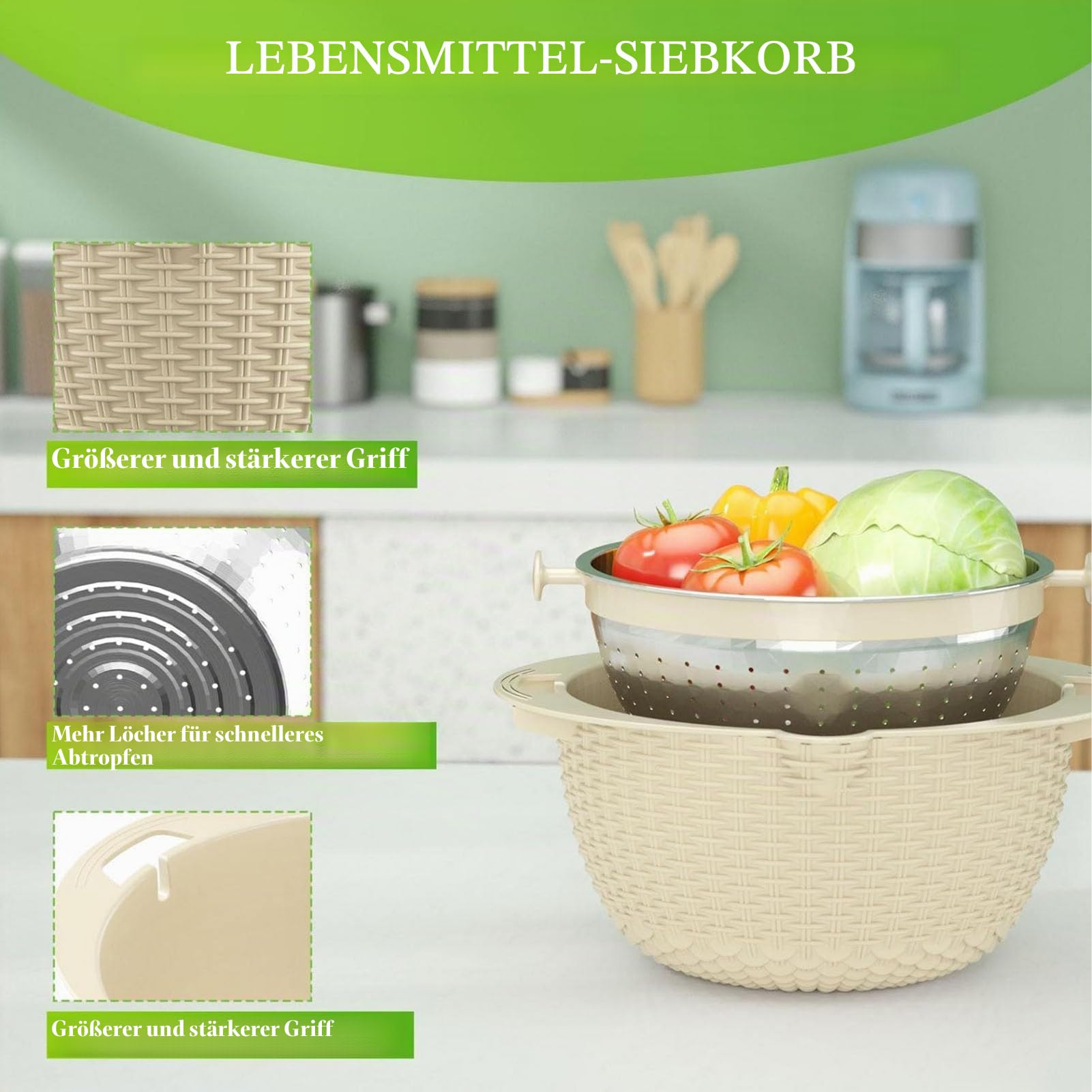 Luqeeg 4 in 1 Sieb mit Rührschüssel für die Küche, Lebensmittelsieb mit Schneidwerkzeugen, drehbares Sieb, Salatschleuder, Obstreiniger, Gemüsewaschmaschine, Home Essential