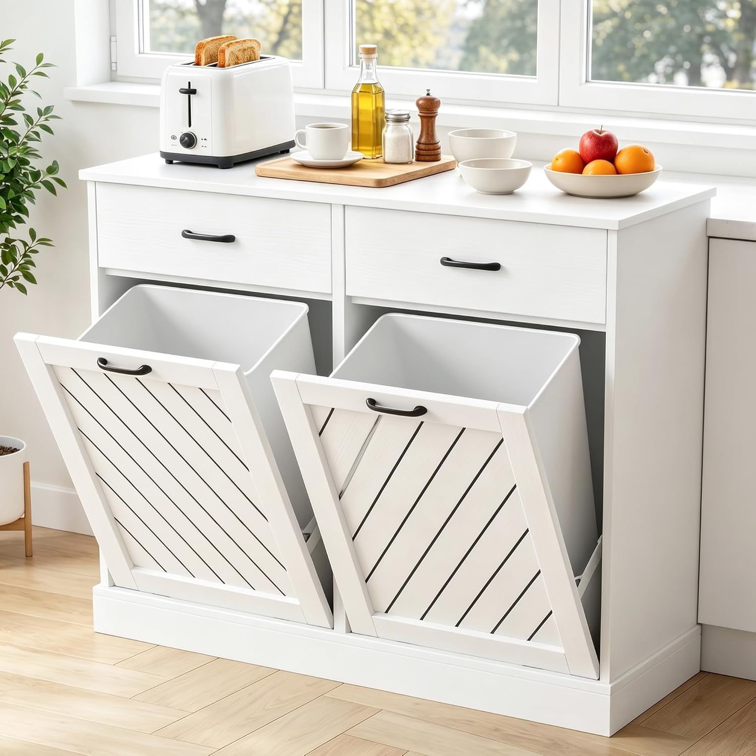njnj 2x13 Gallons Double Tilt Out Trash Can Cabinet, White Hidden Kitchen Trash Cabinet with Storage Drawers, Pet Proof Hidden Garbage Can for Kitchen, Laundry Room, Bathroom Wood