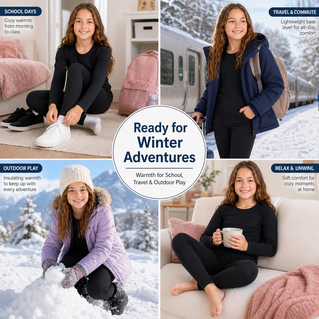 Conjunto de Ropa Interior Térmica para Niña Camiseta y Pantalón con Forro Polar, Pijama Cálido de Invierno, Capa Base Elástica Infantil (Negro, L)