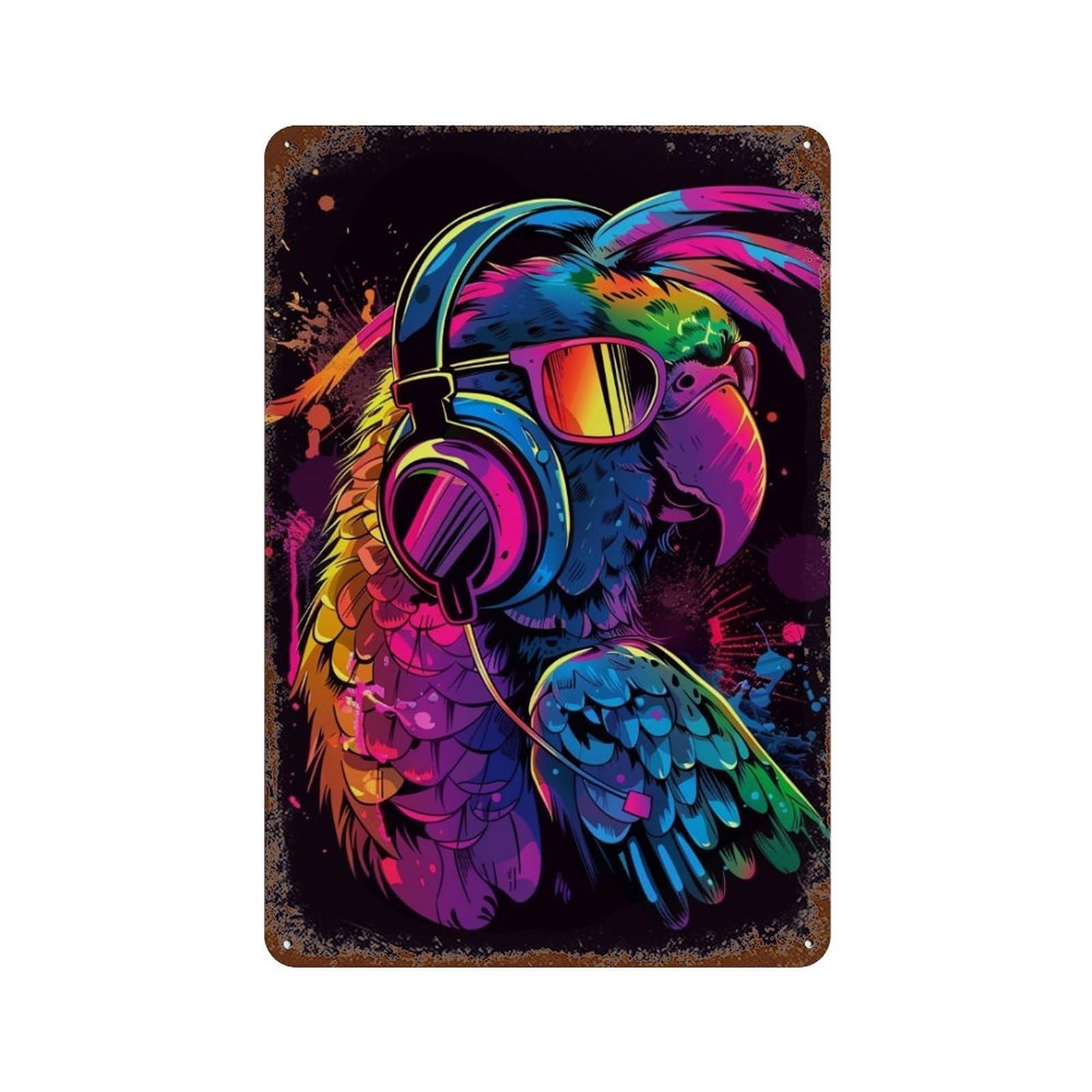 Garage Style Colorful Parrot Headphones Art Print Rusty Metal Tin Sign 11.8"x7.9", Novelty Wall Decor for Bar And Workshop