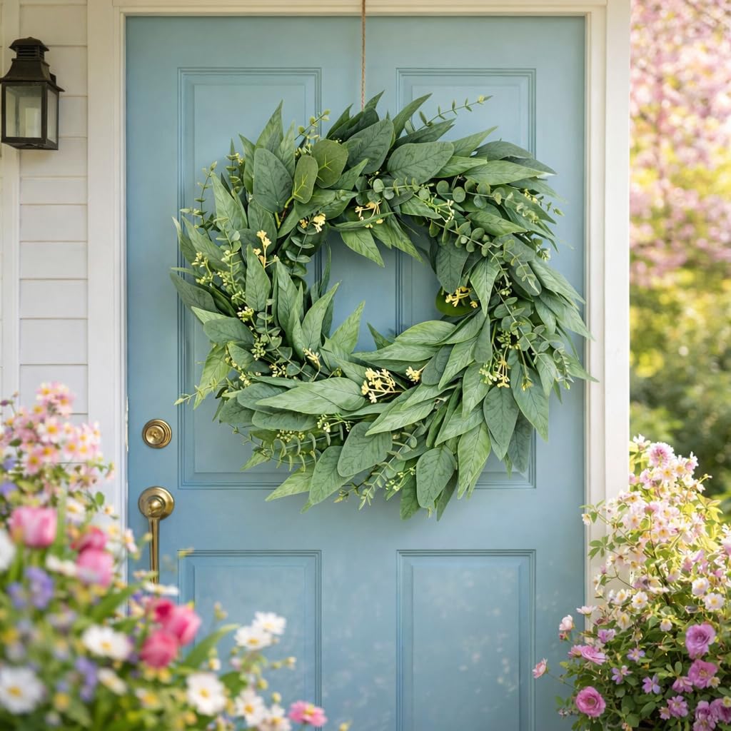 26‘’ Eucalyptus Wreath for Front Door, Large Artificial Greenery Wreath for Outdoor Indoor Use, Spring Summer All Season Farmhouse Door Wreath for Porch Window Wall Hanging Decor