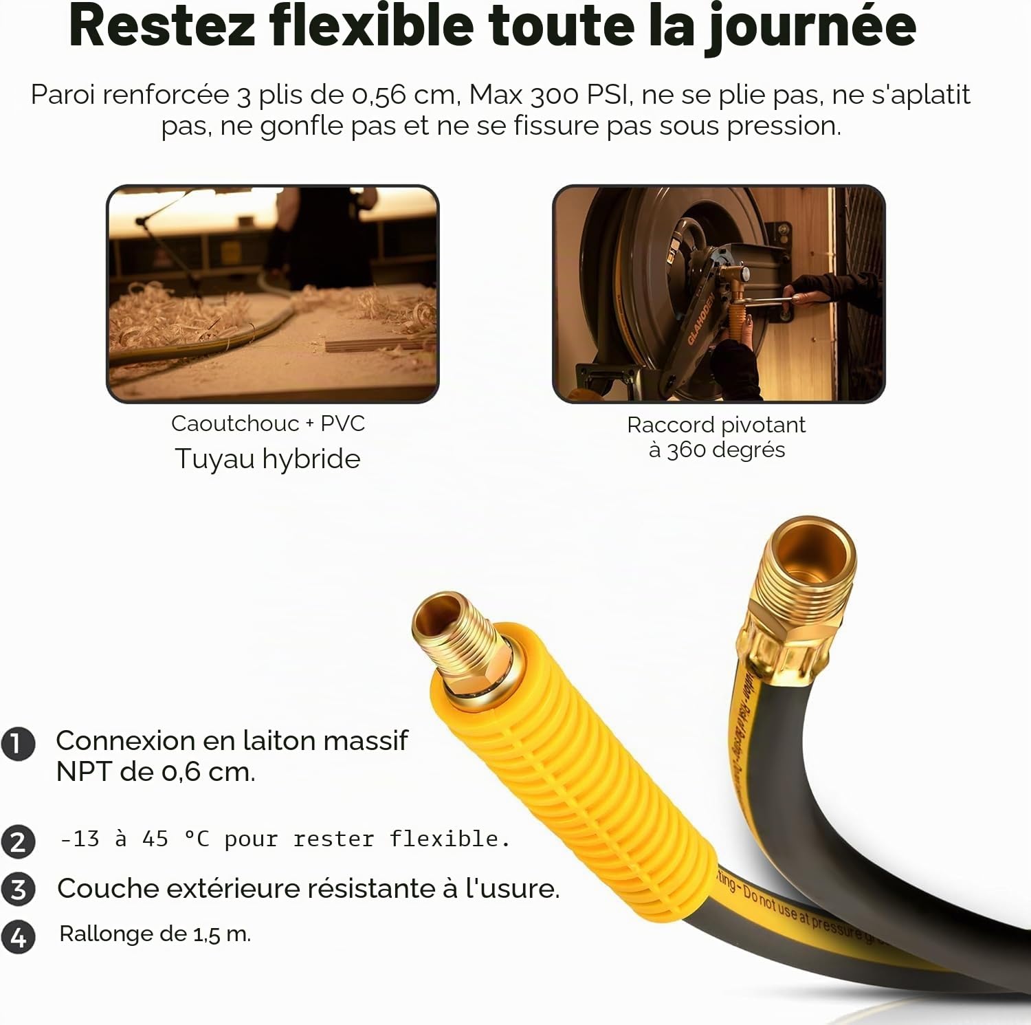 GLAHODEN Enrouleur de tuyau à air rétractable à double bras - 20 m - En acier robuste - Avec câble de 1,5 m de long - Maximum 20 bar