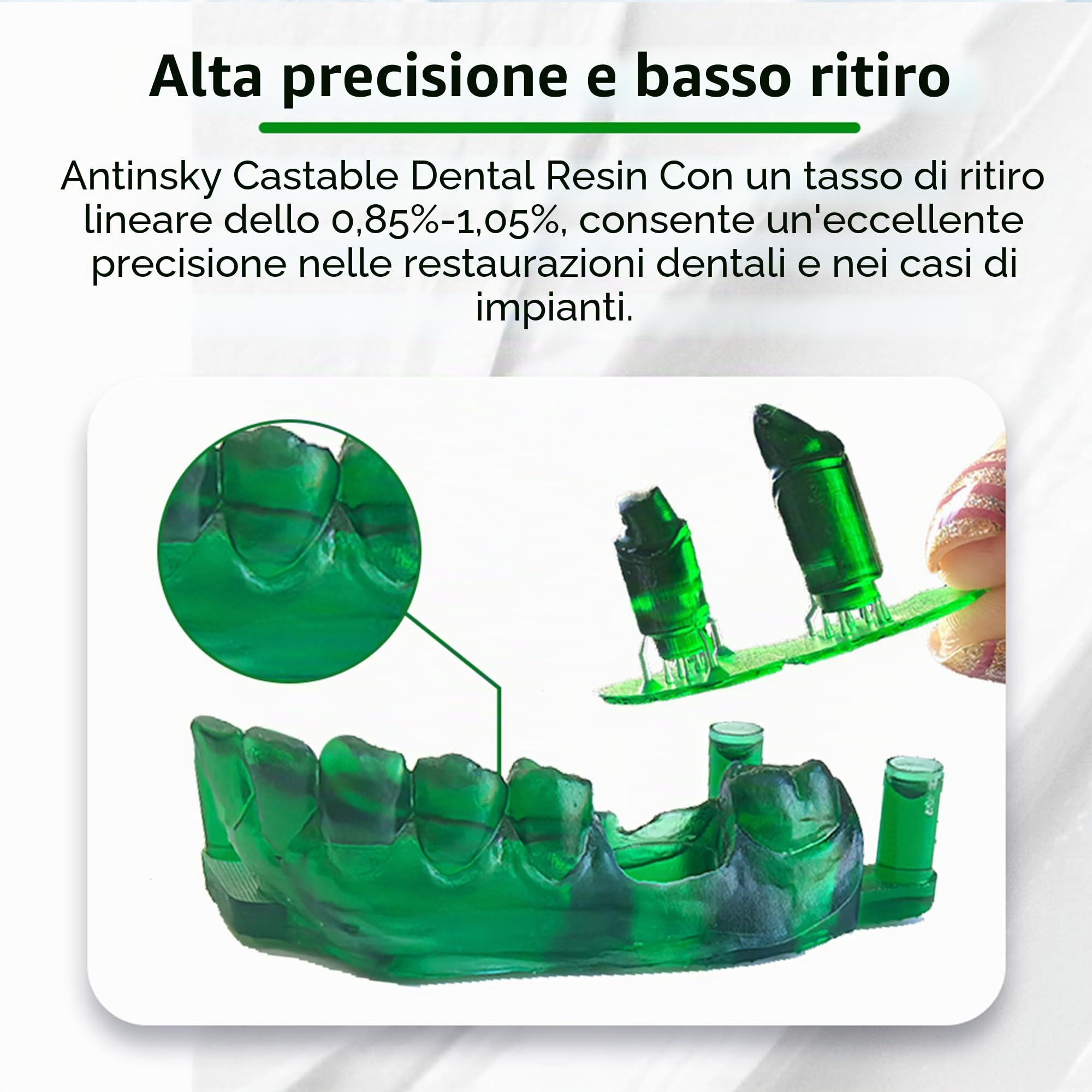 Antinsky Resina Dentale Fondibile per stampanti 3D DLP/LCD, polimerizzazione UV 405 nm, combustione completa, fusione facile per impianti dentali, strutture e corone, alta precisione, 0,5 kg verde