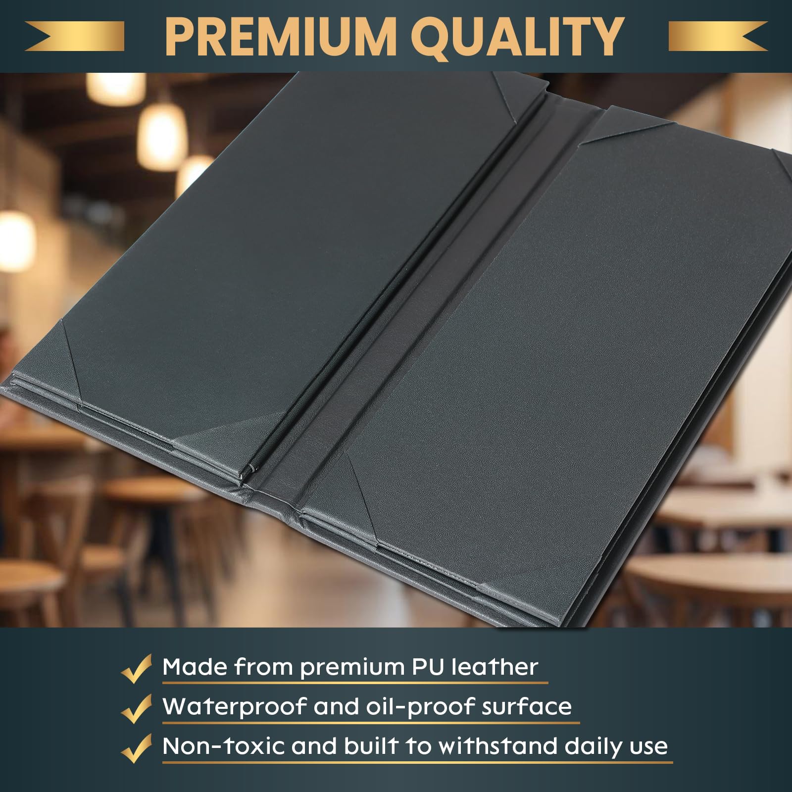 Fundas para menús de 4.25 x 11 pulgadas, paquete de 10 fundas de cuero negro para menú, estilo libro, para restaurante, cafetería, bar, lista de vinos (6 vistas, 10 unidades)