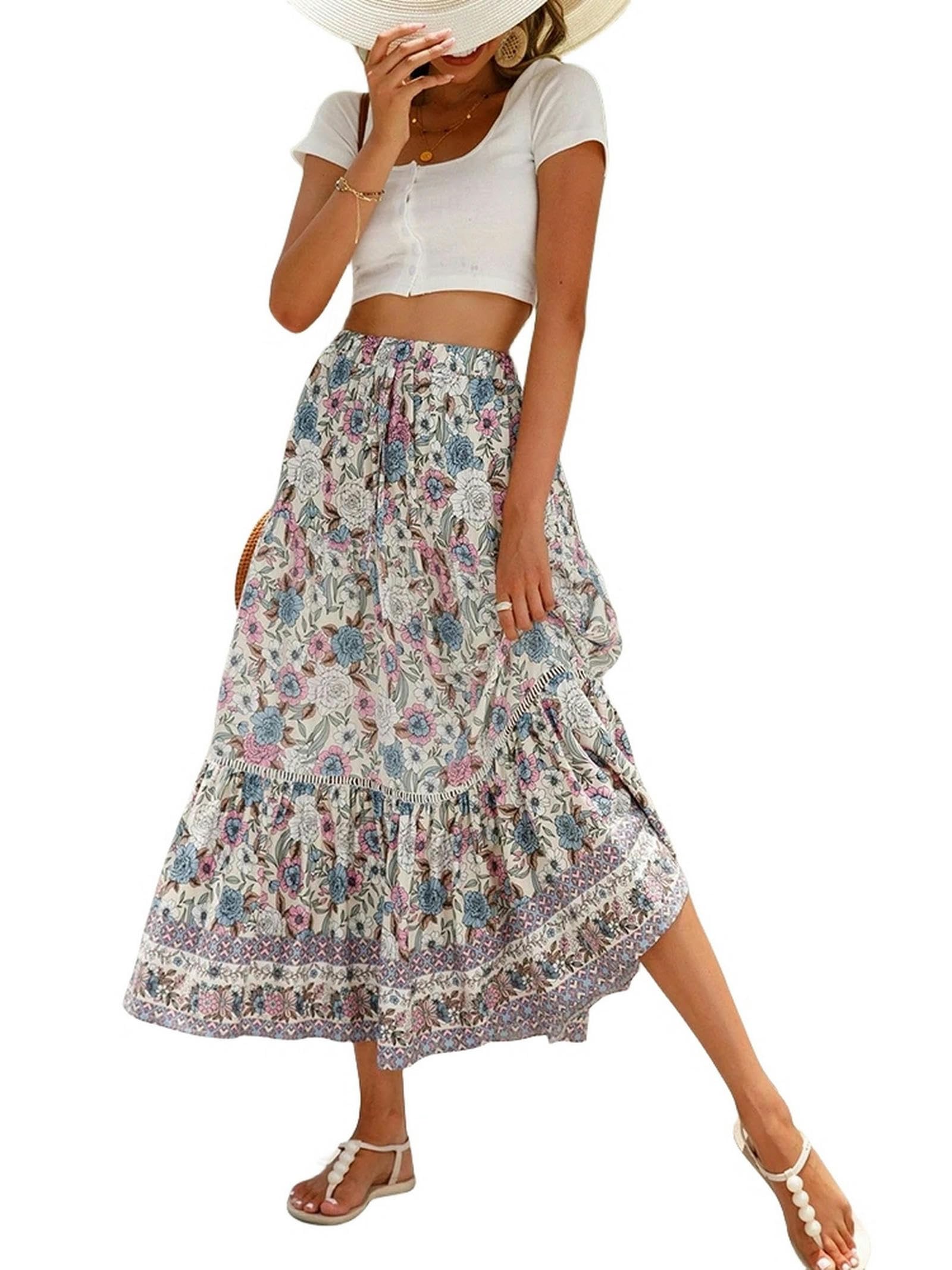Gonna Elegante Gonne Lunghe per Le Donne Floreale Lace-Up Vacanza Beach Gonna Ruffle Vita Alta Gonna Estate Giovanile Donna Vestiti