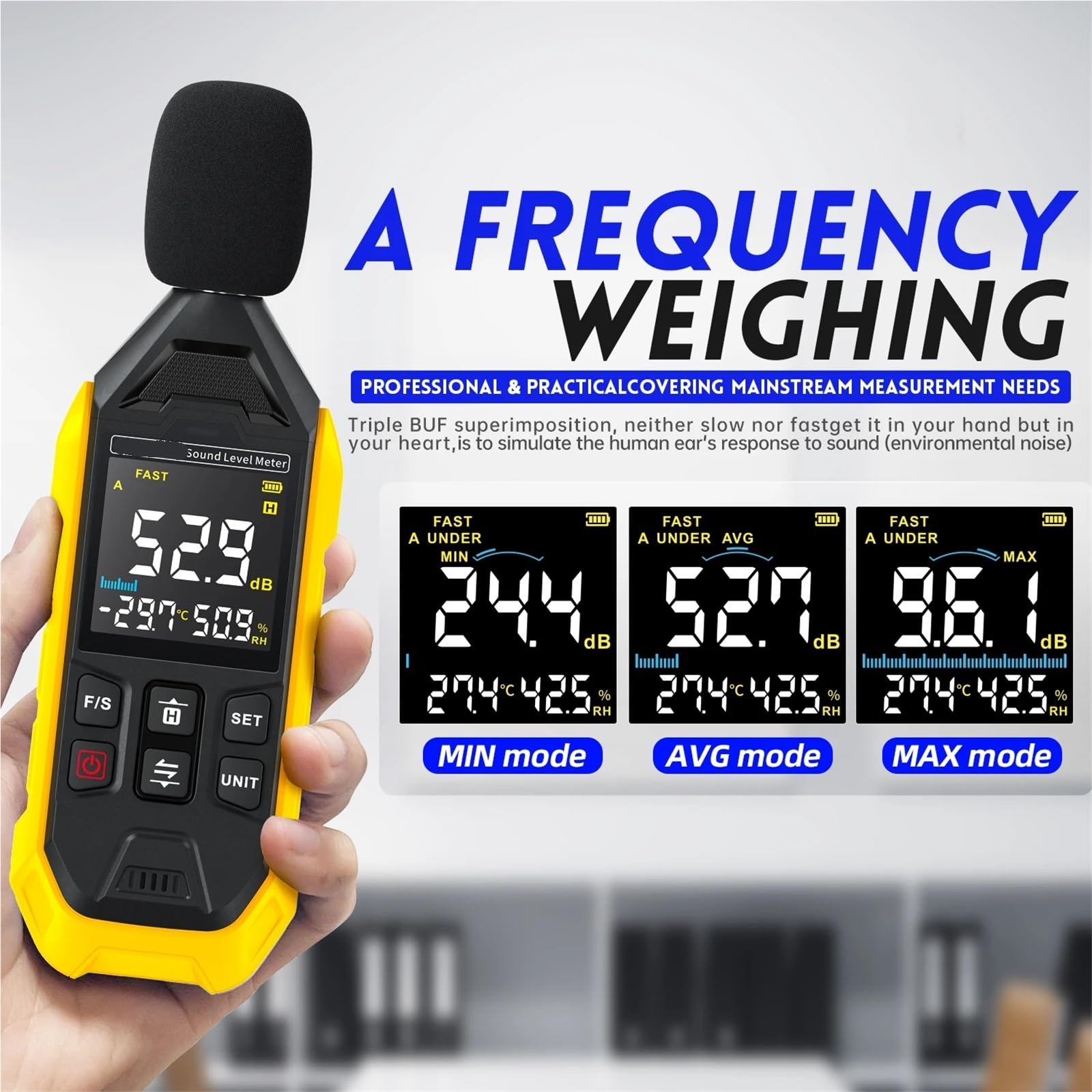 Medidor de decibelios digital, probador de nivel de sonido de peso de 30~130 dB A con termómetro e higrómetro
