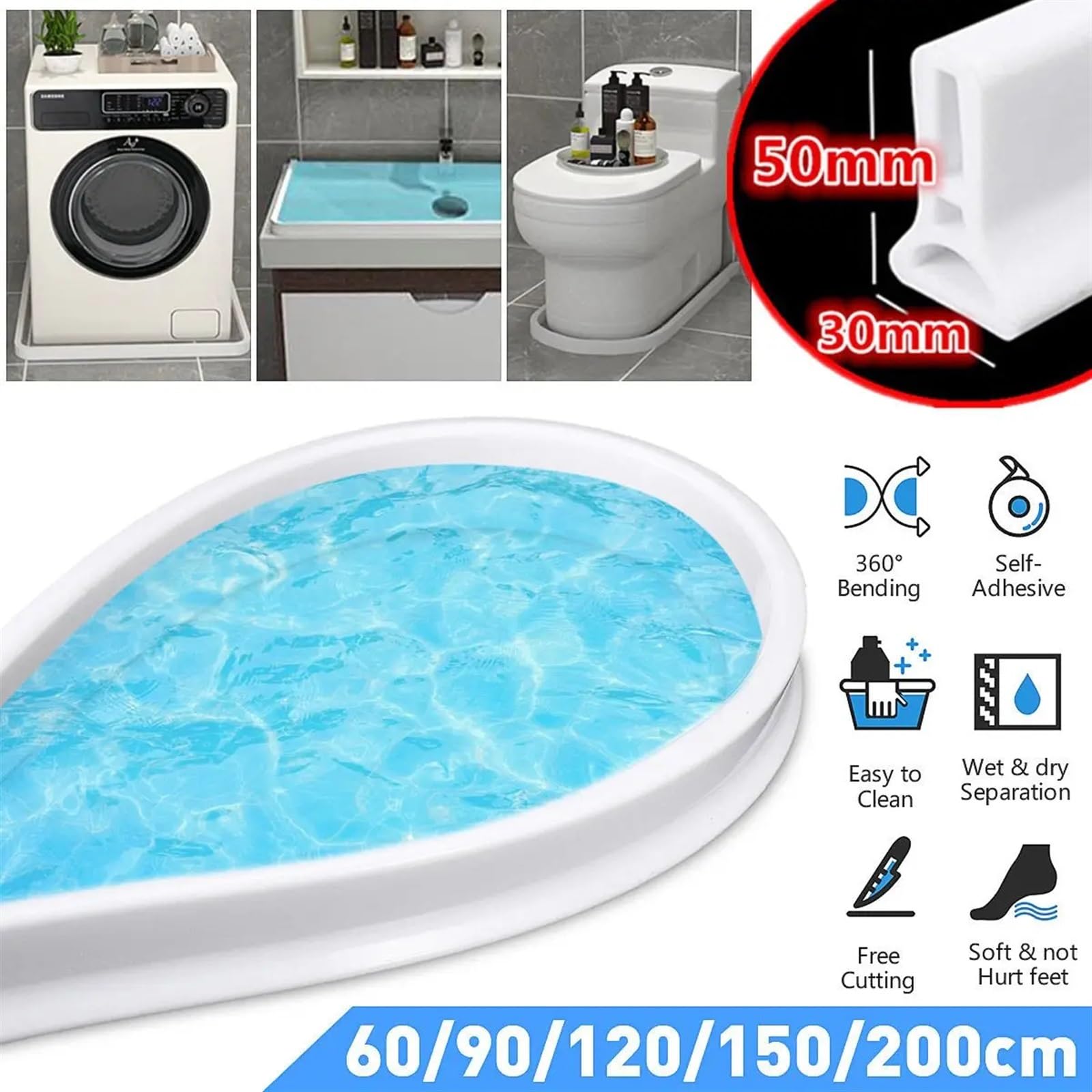 Schwallschutzleiste 50 mm Höhe, Badezimmer-Wasserstopper, Wassertrennwand, Trocken- und Nasstrennung, Hochwassersperre, Gummidamm, Silikon-Wasserblocker für Bad und Küche(200cm)
