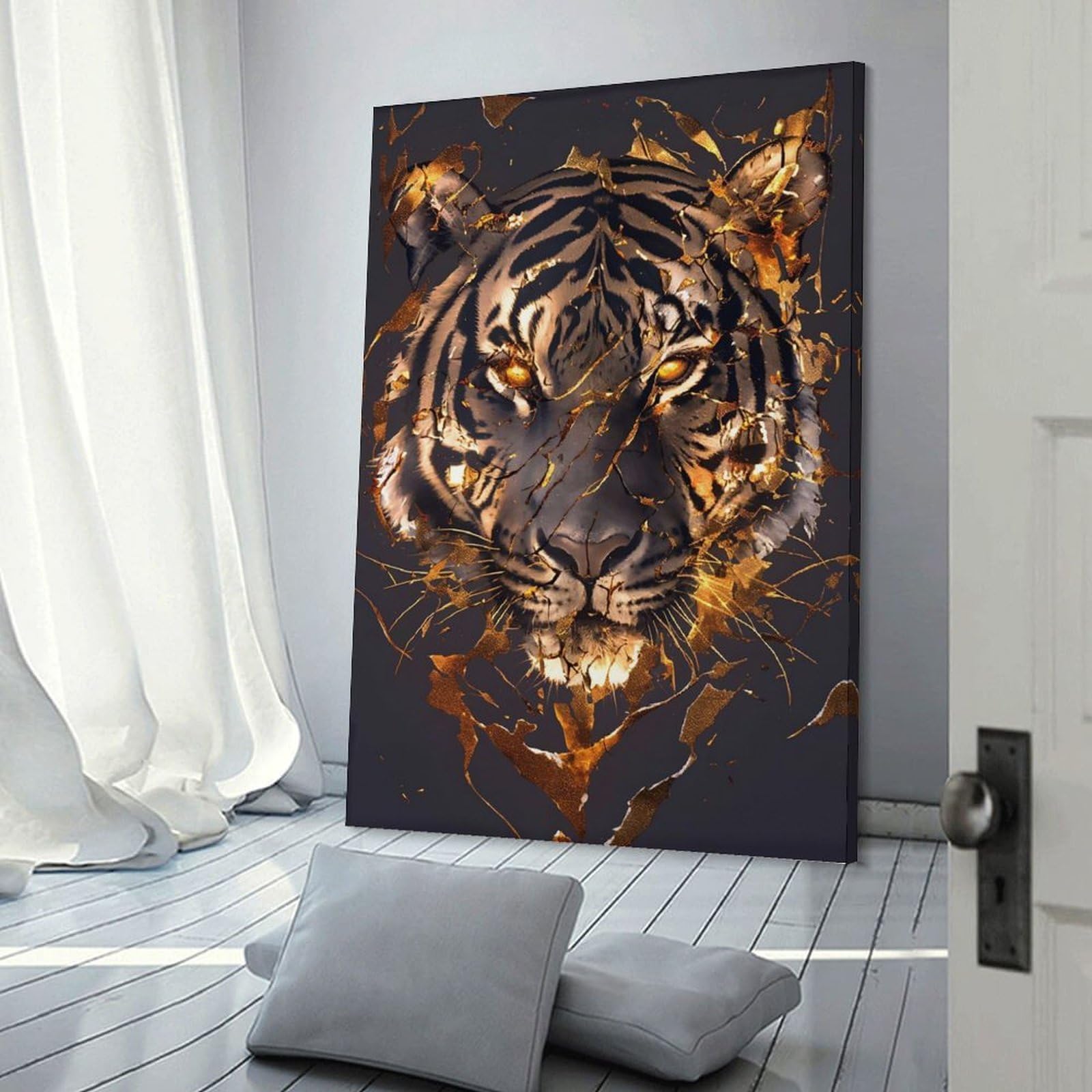 Junmoney Golden Tiger Portrait Decorative Wall Artwork 20x30inch(50x75cm), for Living Room, Lounge Or Sitting Room, A Home Accent with Warm Character