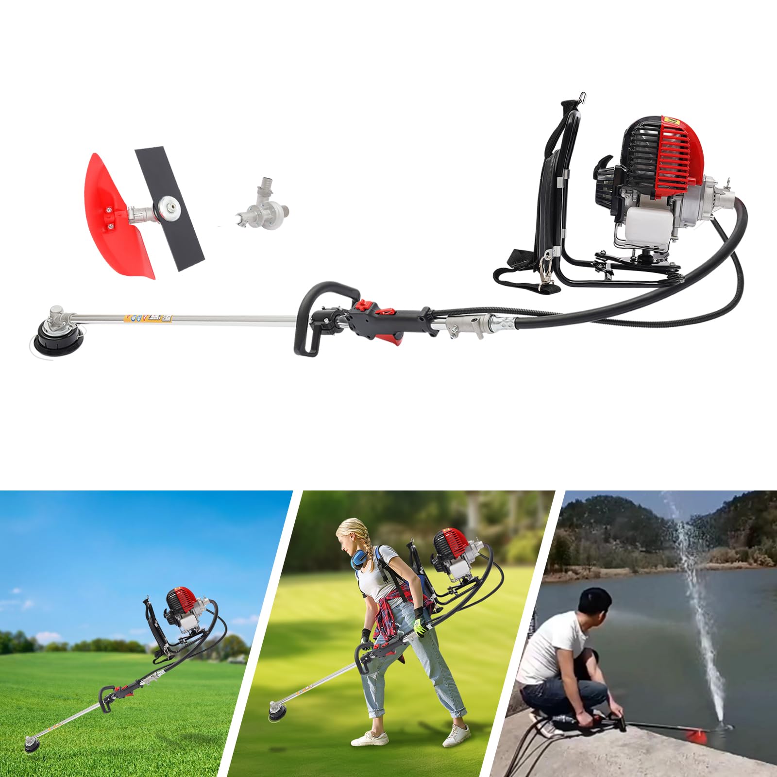 Desbrozadora de mochila de 31 cc, 750 W, 4 tiempos, gasolina, 8500 rpm, 2 en 1, desbrozadora con función de bomba, dispositivos de riego para parques, zonas residenciales, centros comerciales